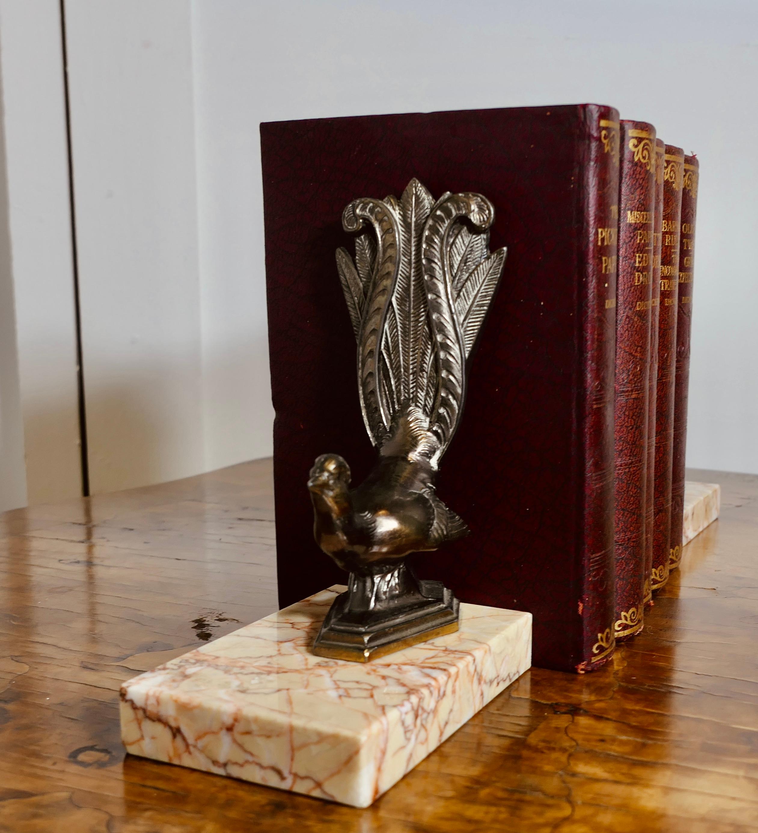 A Pair of Marble and Bronze Bookends with Peacocks  A very attractive set 2