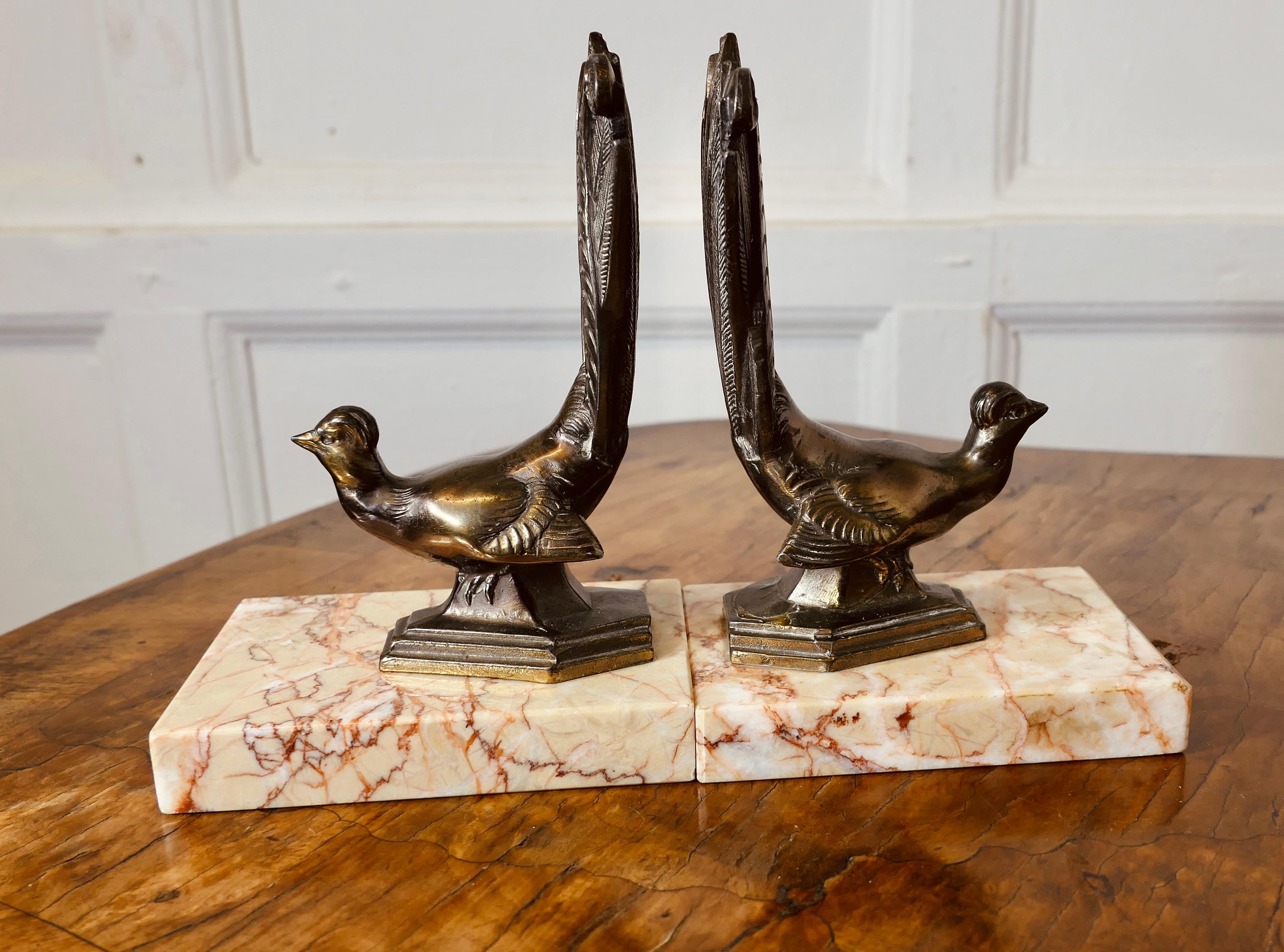 A Pair of Marble and Bronze Bookends with Peacocks  A very attractive set 3