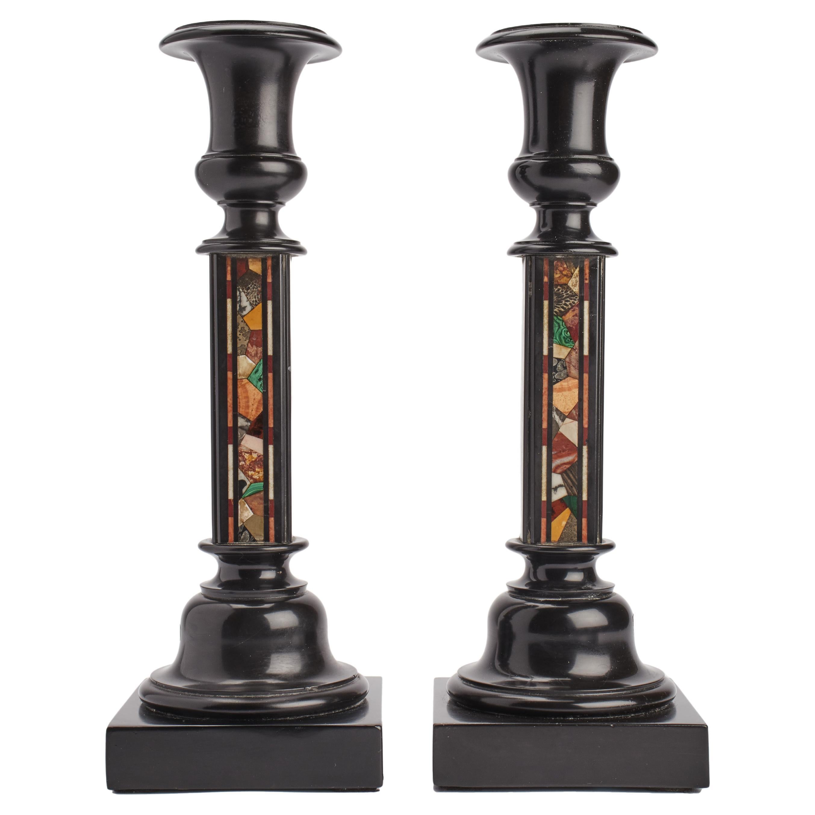 A pair of marble and pietradura candlesticks, England 1850.  