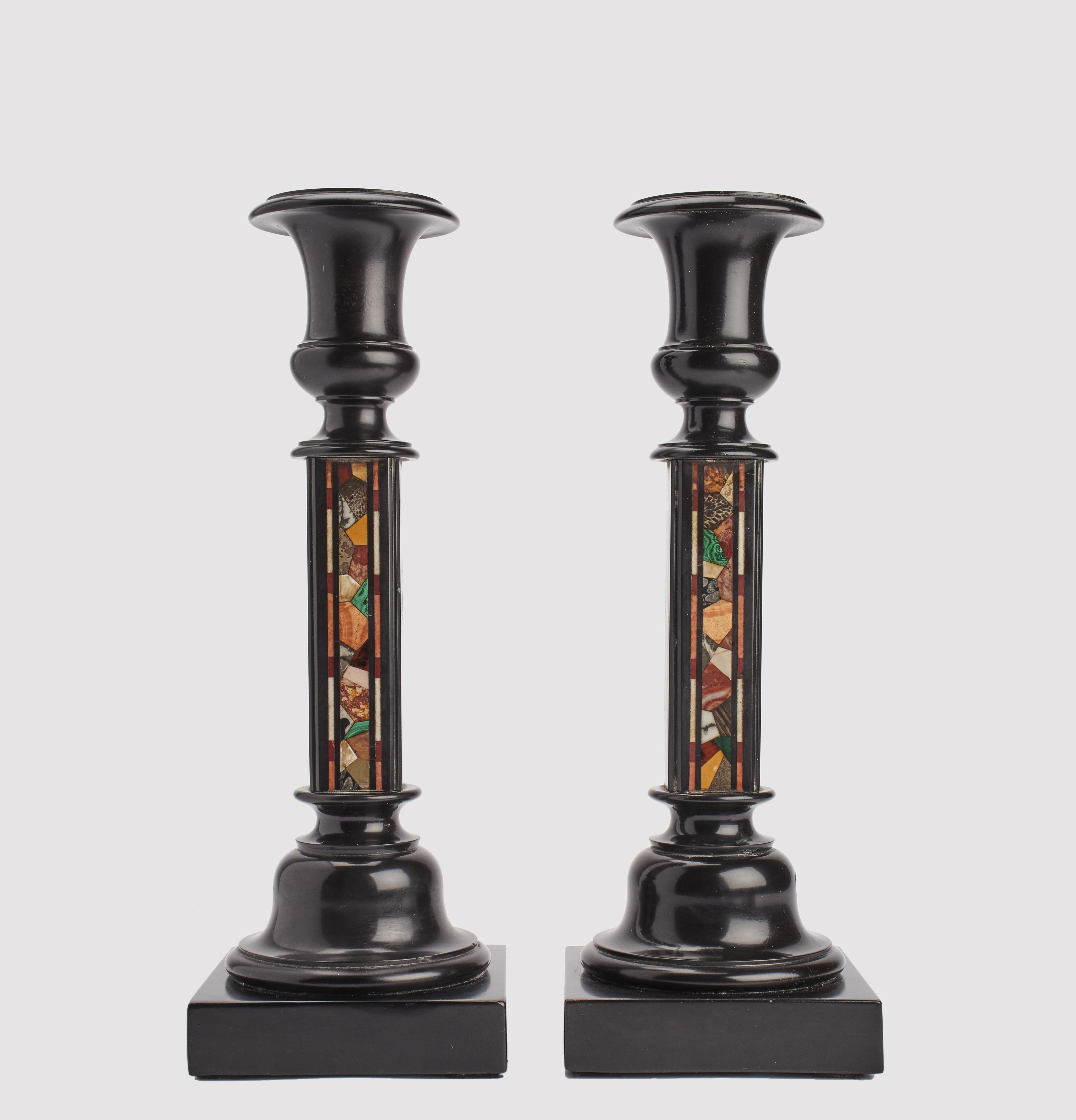 Mid-19th Century Pair of Marble and Pietradura Grand Tour Candlesticks, England, 1850 For Sale