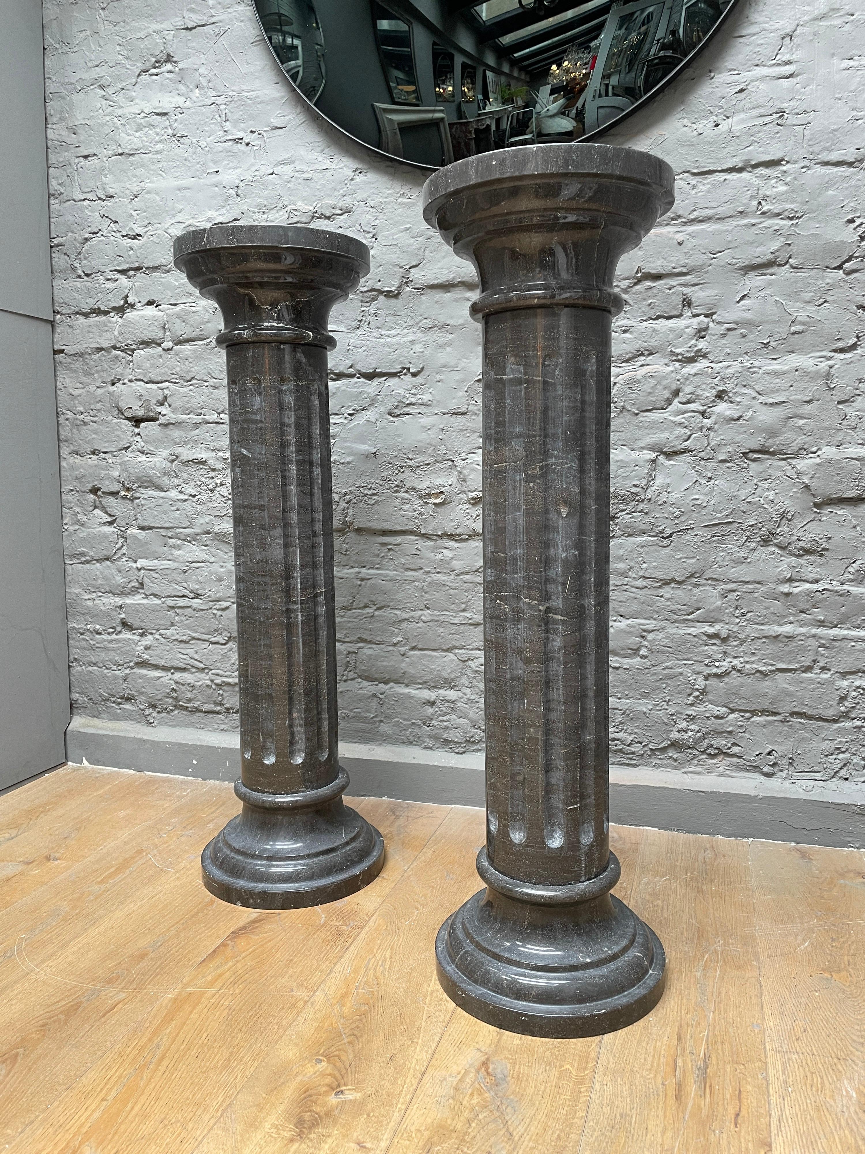 European Pair of Marble Columns in Black Belgian Fossil Marble For Sale