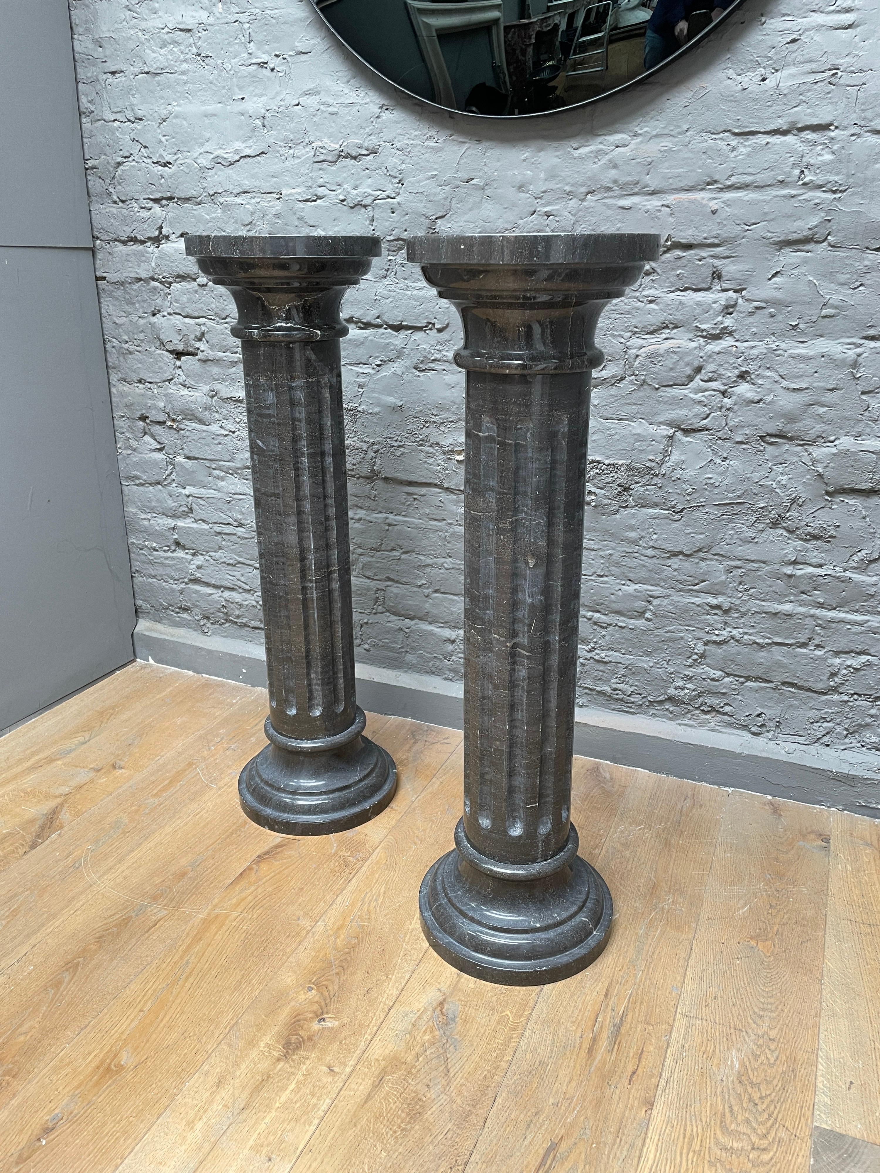 Carved Pair of Marble Columns in Black Belgian Fossil Marble For Sale