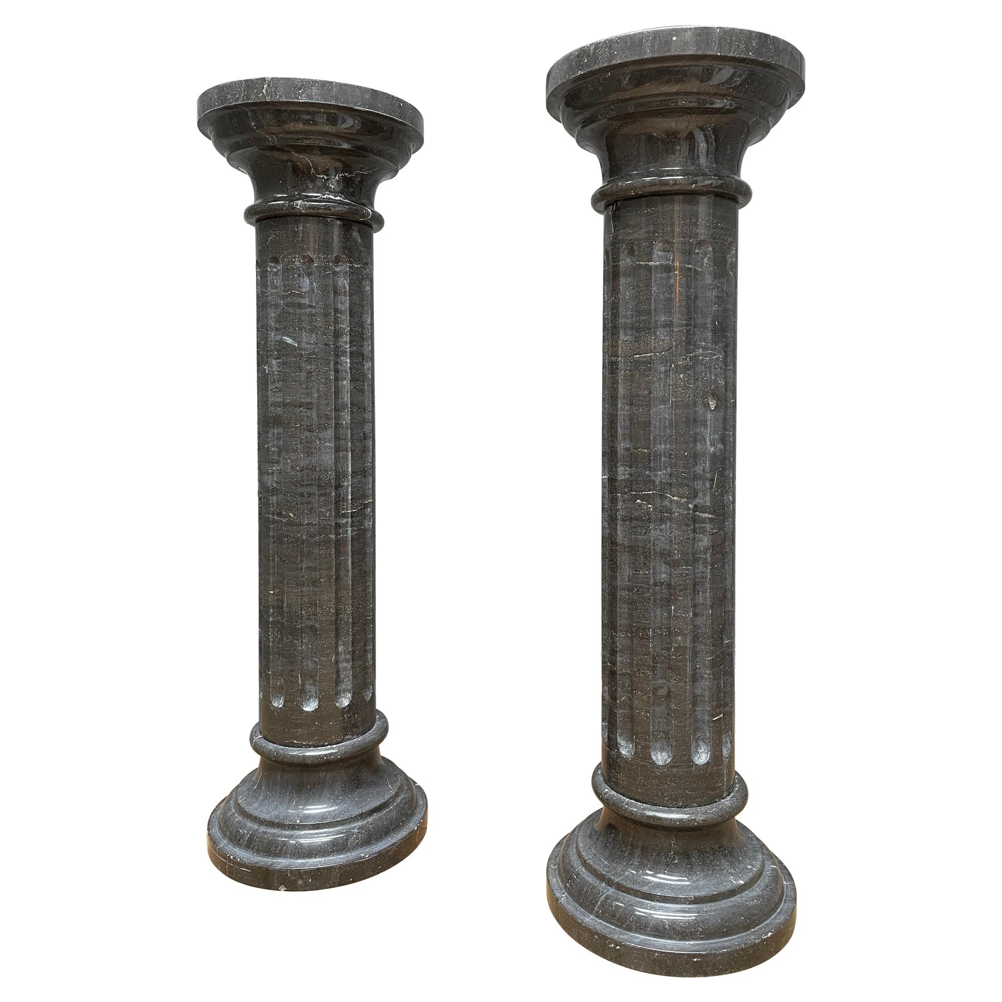 Pair of Marble Columns in Black Belgian Fossil Marble For Sale