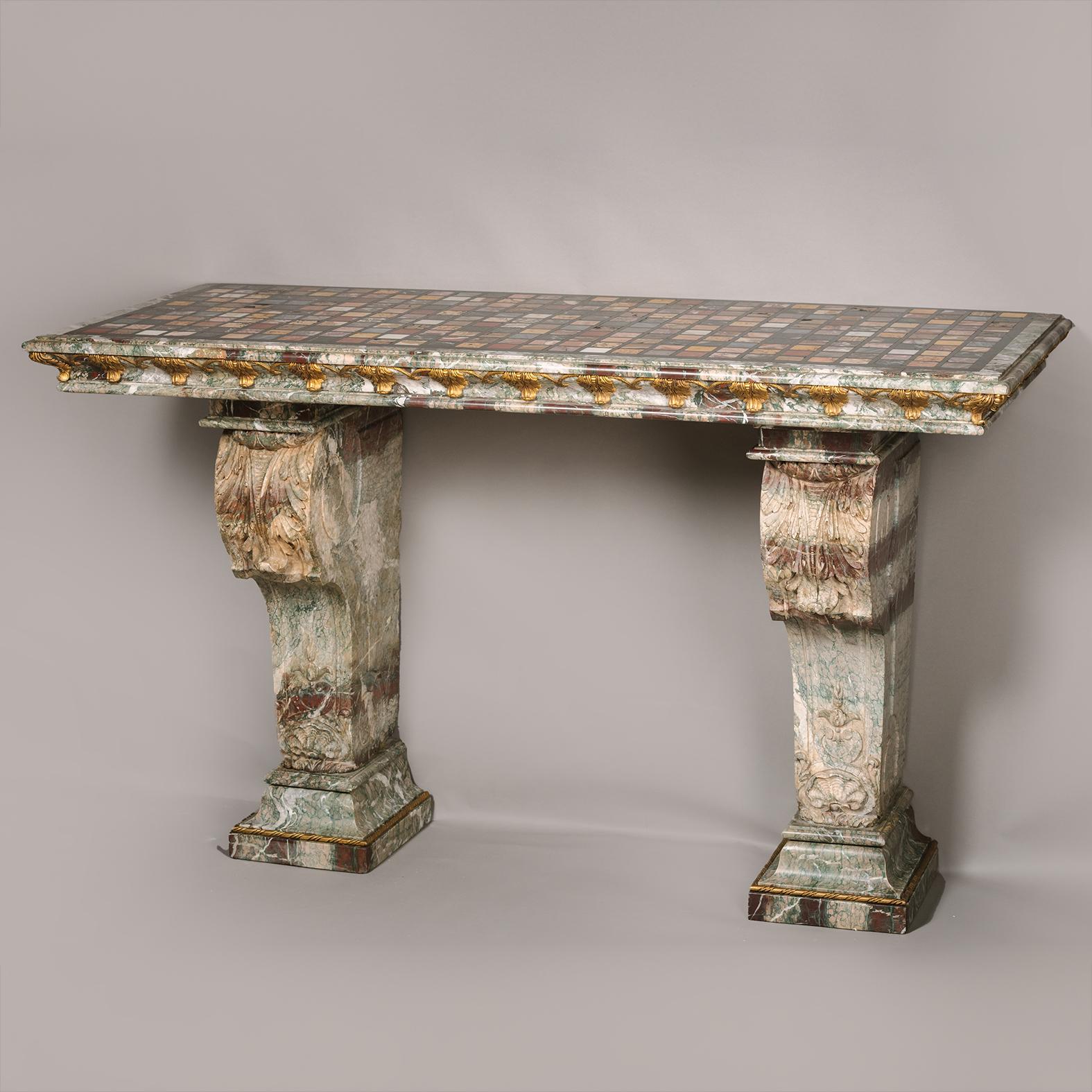 Italian A Pair Of Marble Consoles, With Specimen Marble Tops For Sale