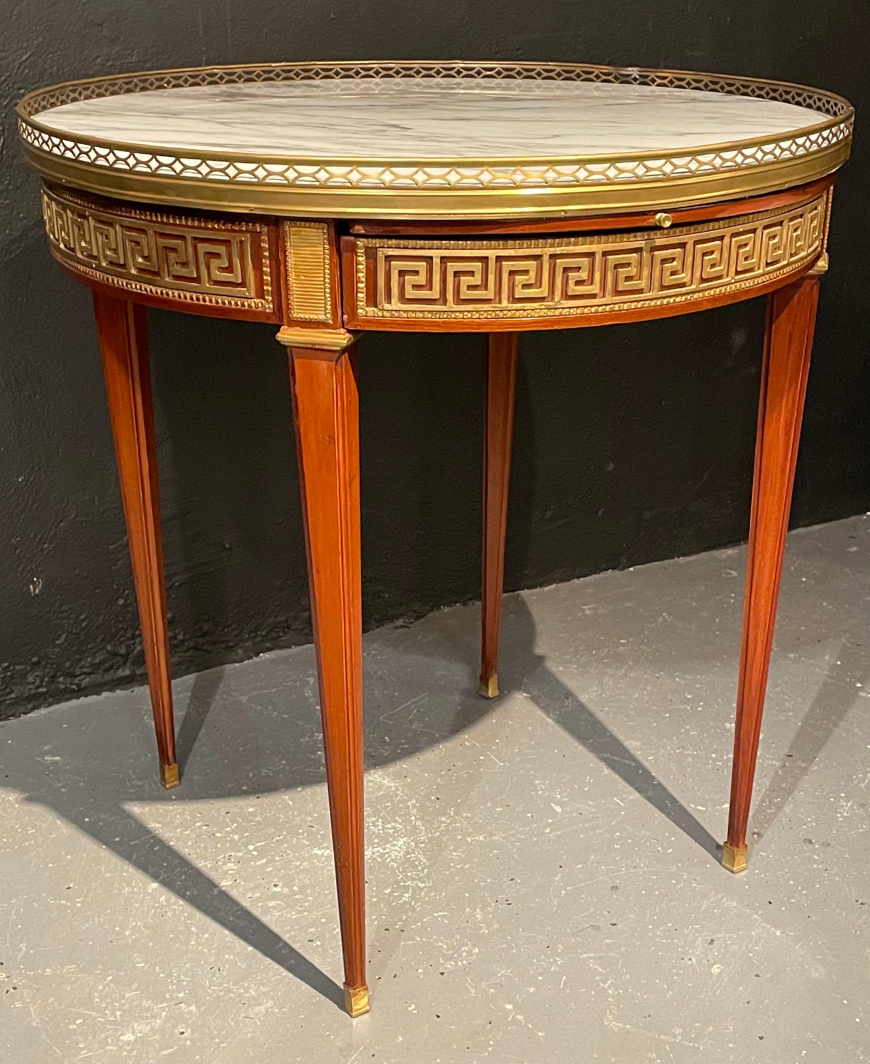 Neoclassical Pair of Marble Top Greek Key Bouillotte or End Tables, Manner of Jansen