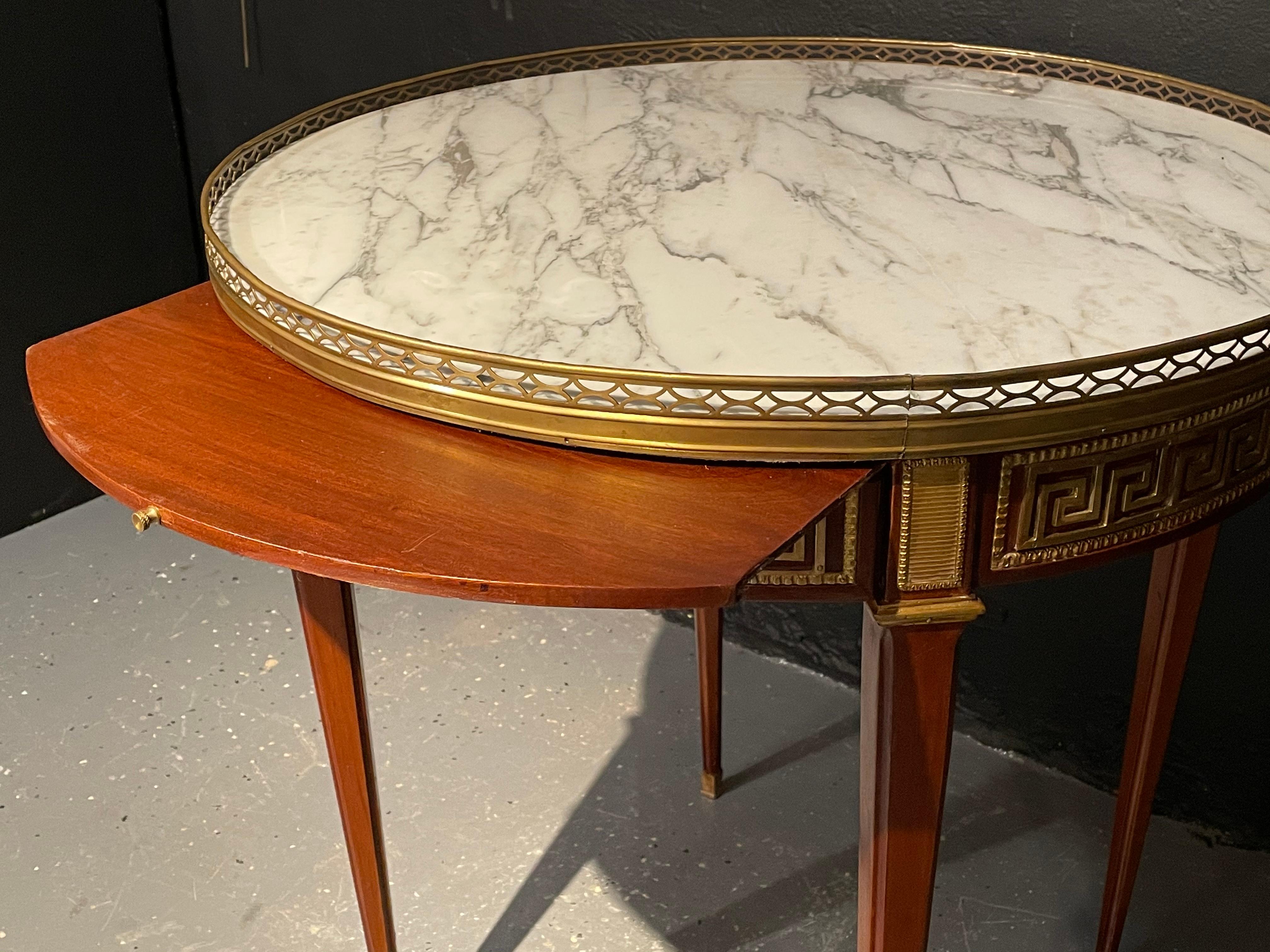 20th Century Pair of Marble Top Greek Key Bouillotte or End Tables, Manner of Jansen
