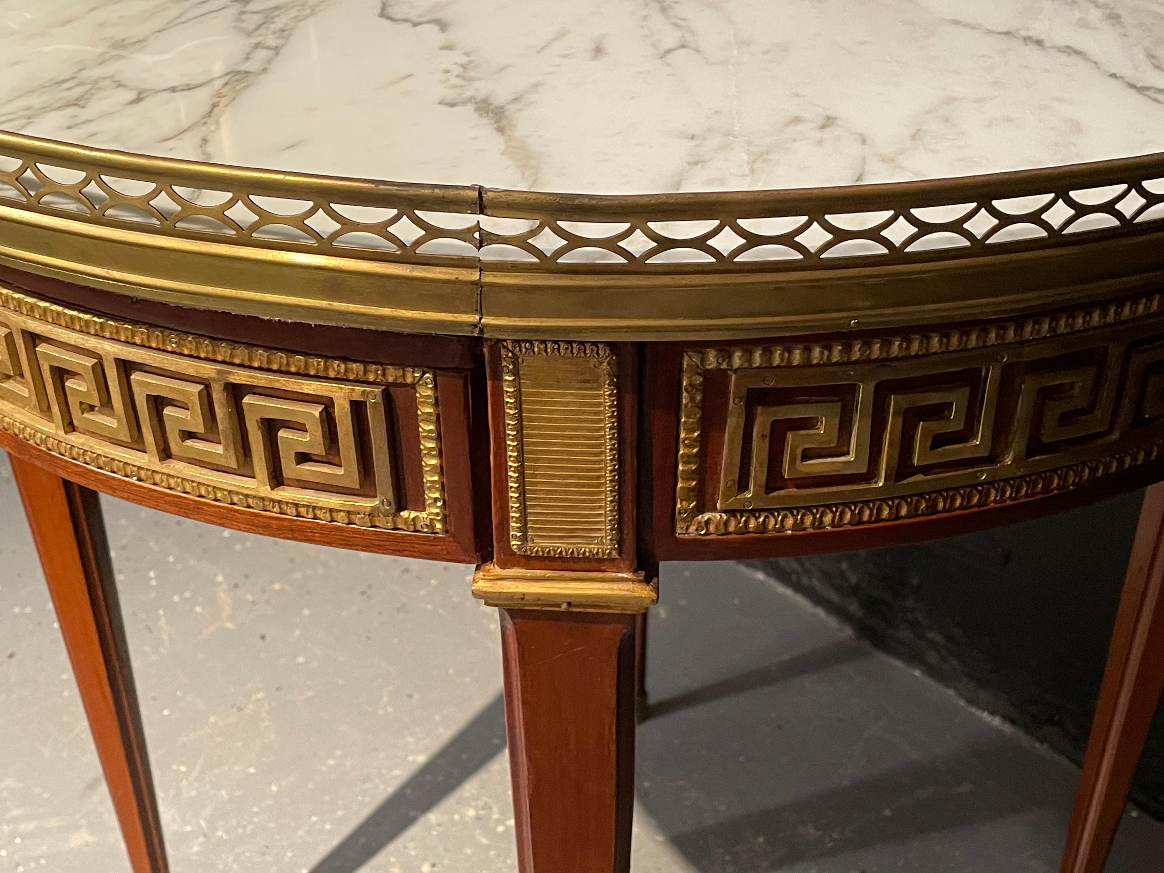 Brass Pair of Marble Top Greek Key Bouillotte or End Tables, Manner of Jansen