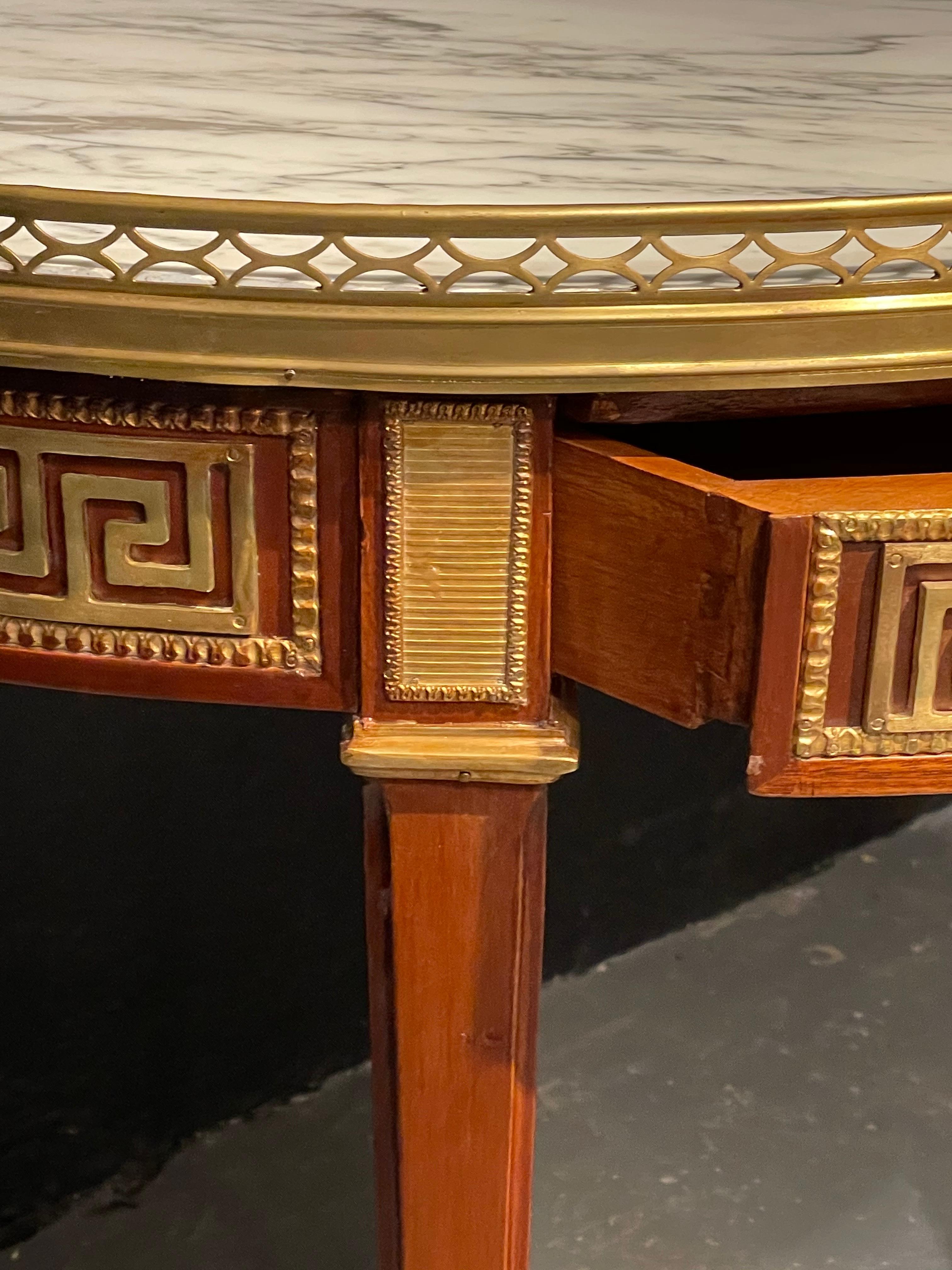 Pair of Marble Top Greek Key Bouillotte or End Tables, Manner of Jansen 1