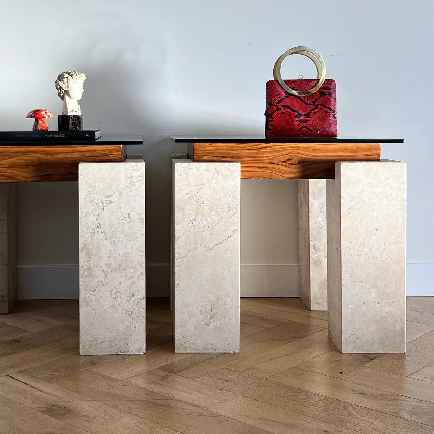 An extraordinarily unique pair of vintage Italian marble, wood, and glass side tables, circa late 1970s. Postmodern in form, following the unorthodox cues from designer such as Angelo Mangiarotti and Milo Baughman, these tables are at once visionary