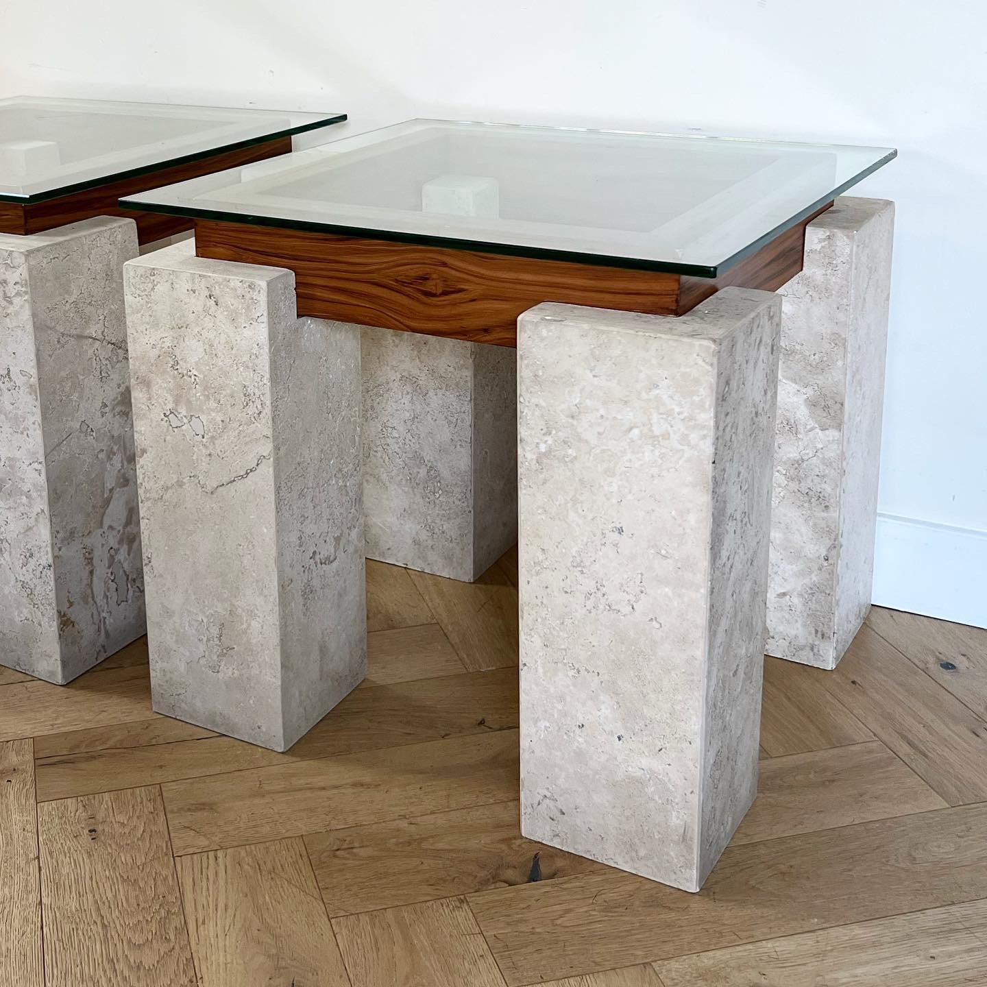 Post-Modern Pair of Marble, Wood, and Glass Tables, circa Late 1970s