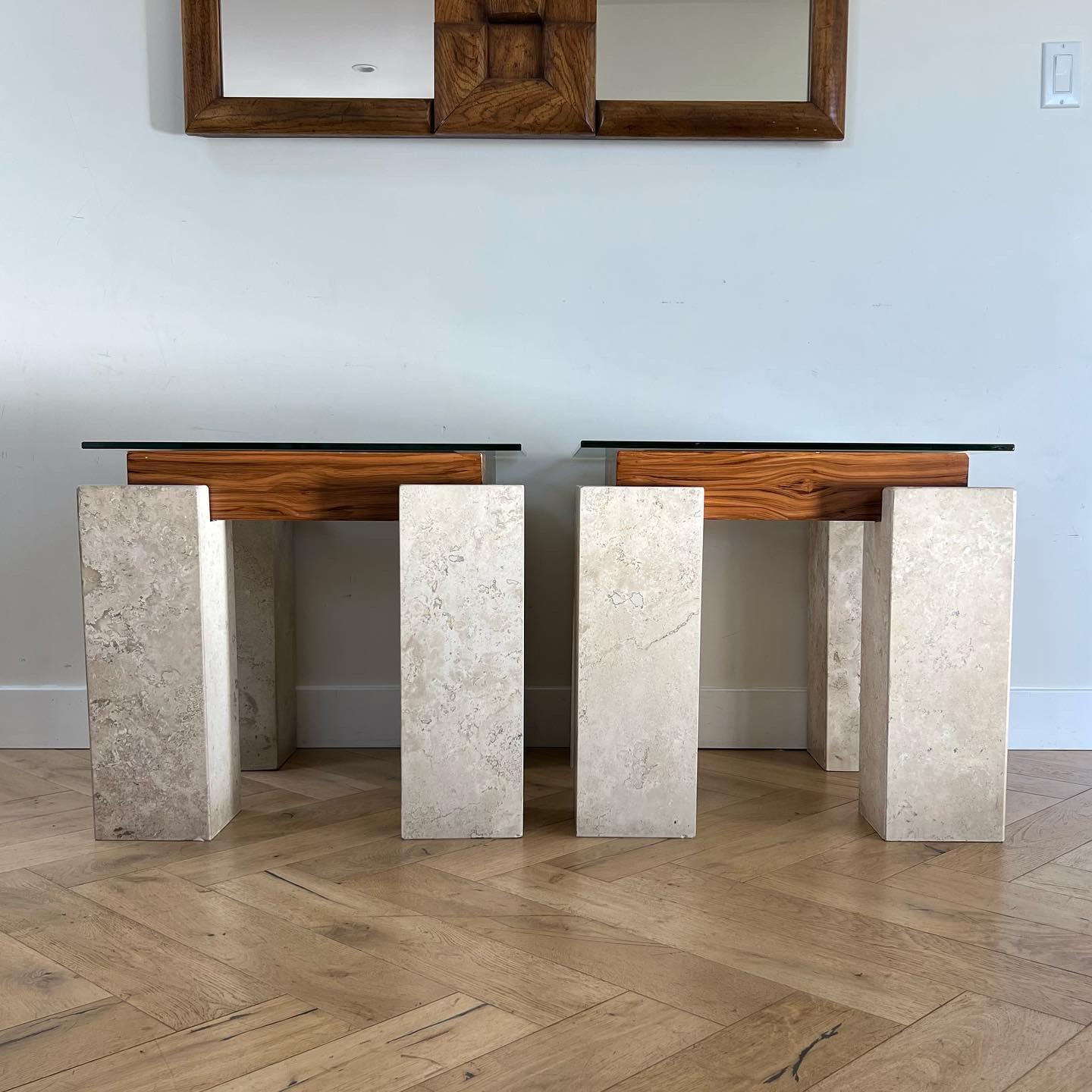 20th Century Pair of Marble, Wood, and Glass Tables, circa Late 1970s