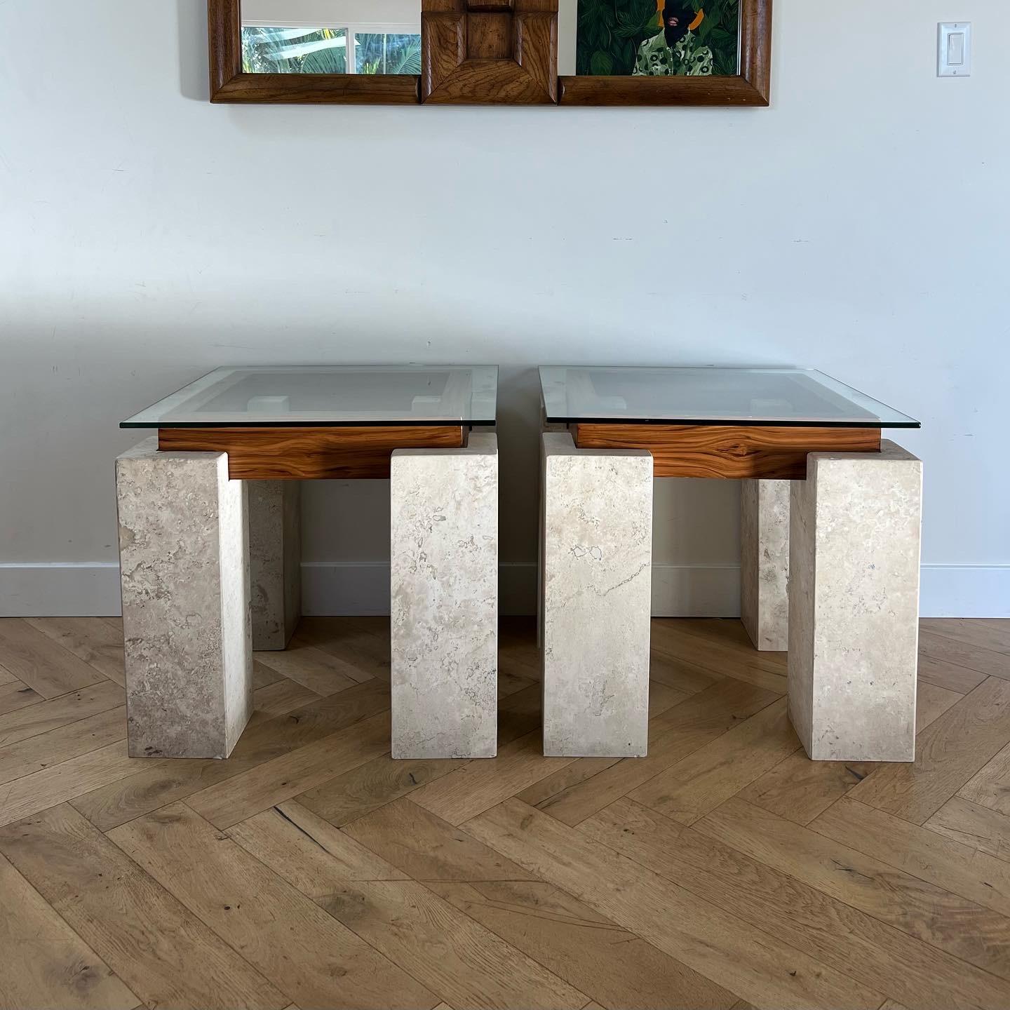 Pair of Marble, Wood, and Glass Tables, circa Late 1970s 1