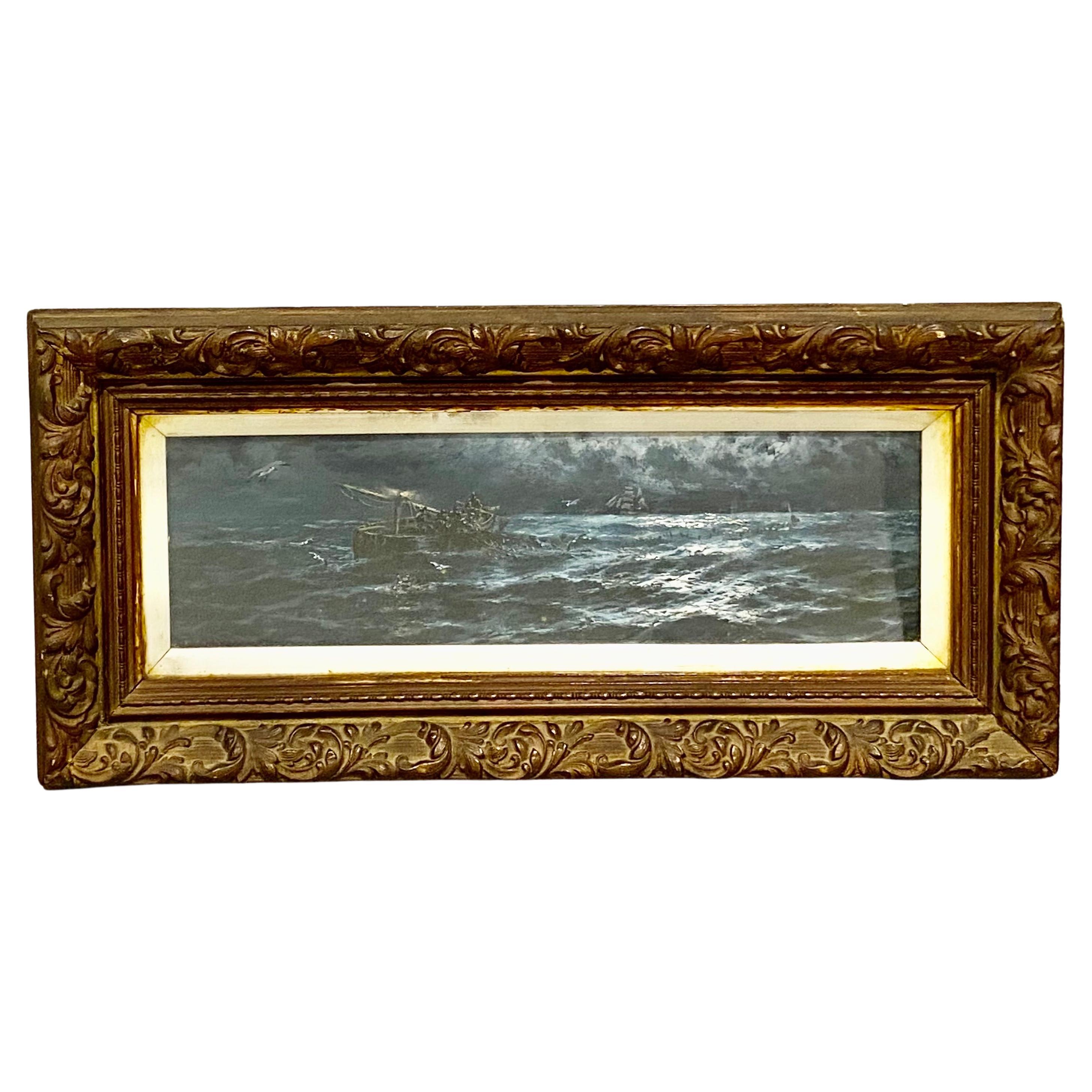 Une paire de peintures de marine de très belle qualité par Thomas Rose Miles (anglais 1869-1910). 
Il est surtout connu pour avoir produit des scènes marines dramatiques, souvent situées sur la côte nord-est de l'Angleterre. Ses œuvres capturent