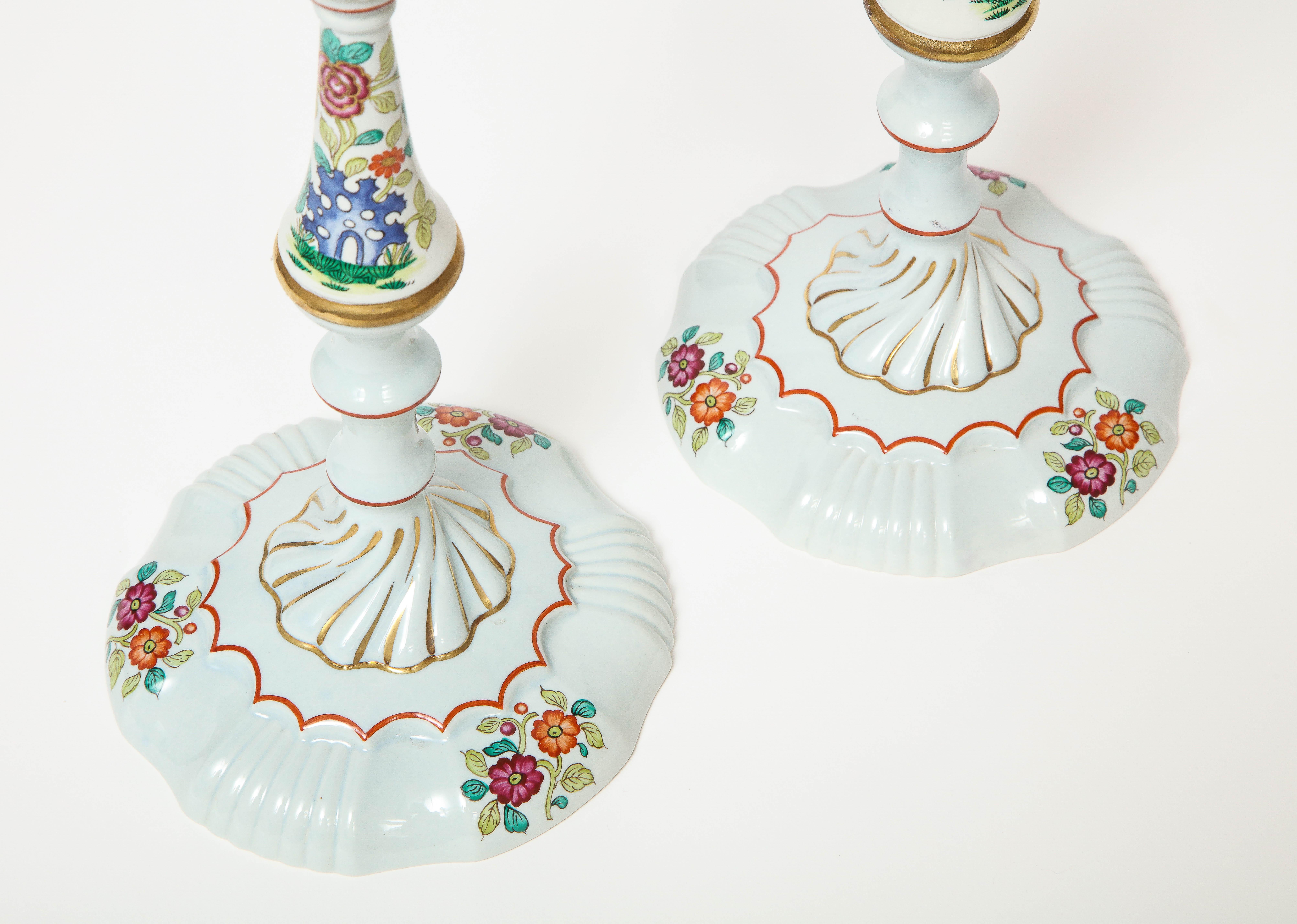 Enamel Pair of Mario Buatta Hand-Painted Porcelain Candlesticks For Sale