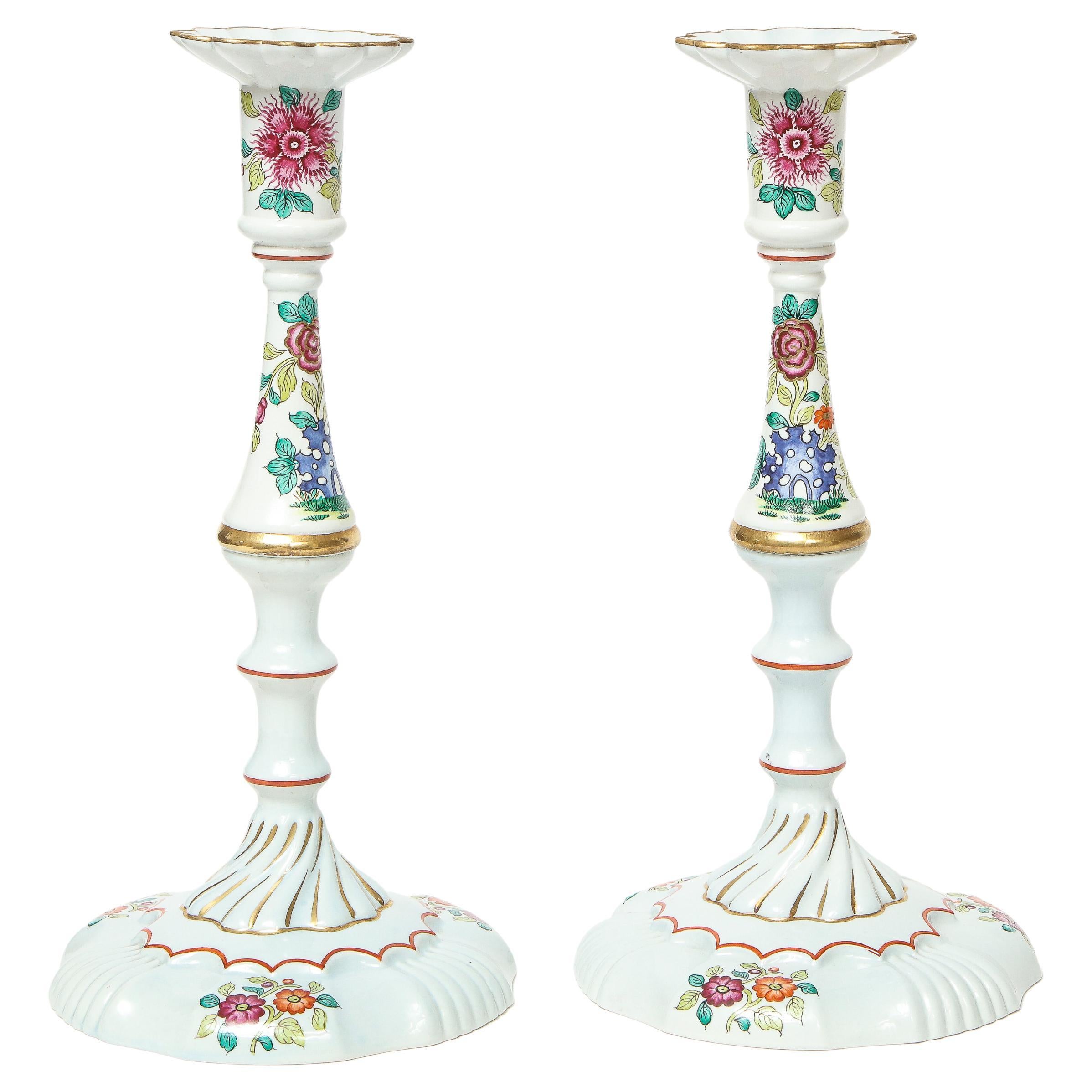 Pair of Mario Buatta Hand-Painted Porcelain Candlesticks