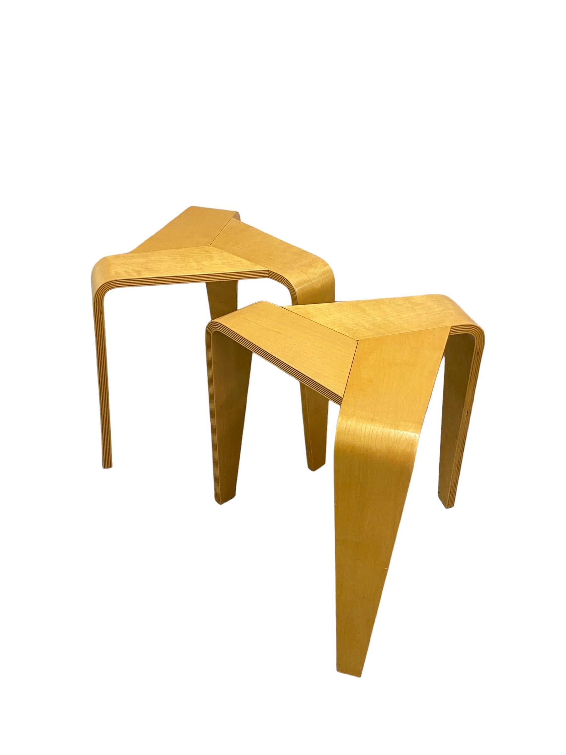 A truely brilliant Finnish designed stool with no screws, bolts or nails. The stool is only made up of three pieces that simply slide into place to create a stool. 

The stools are in full laminated birch and are in great original condition.