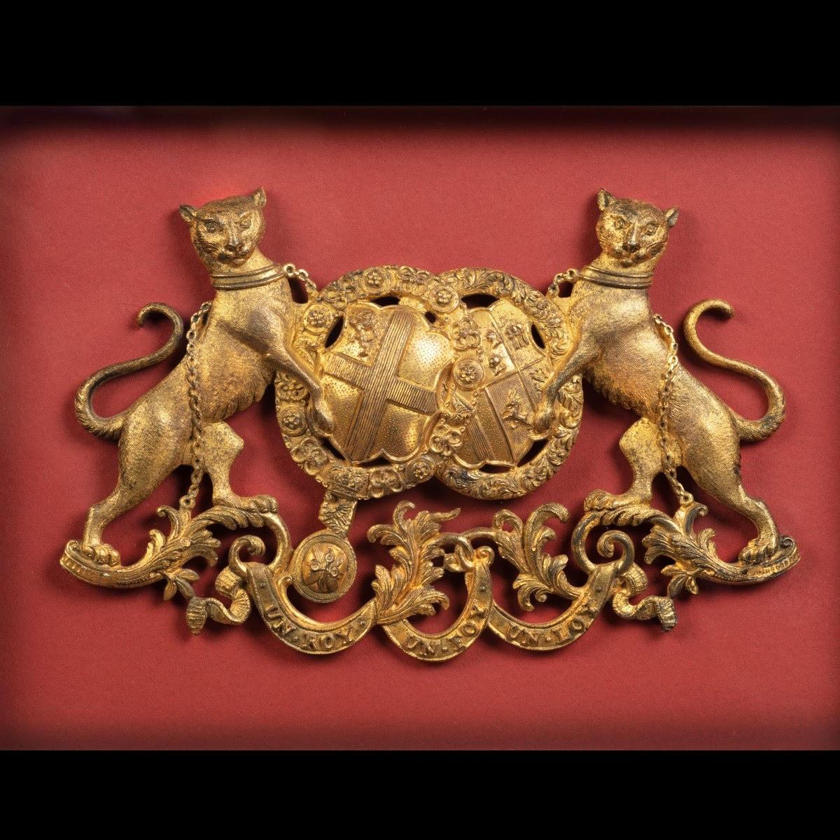 A Pair of Marquess of Clanricarde de Burgh-Canning carriage badges, each gilt metal armorial designed as the coat of arms de Burgh-Canning for Ullick John de Burgh, 1st Marquess of Clanricade (1802-1874) created Knight of St Patrick in 1831,