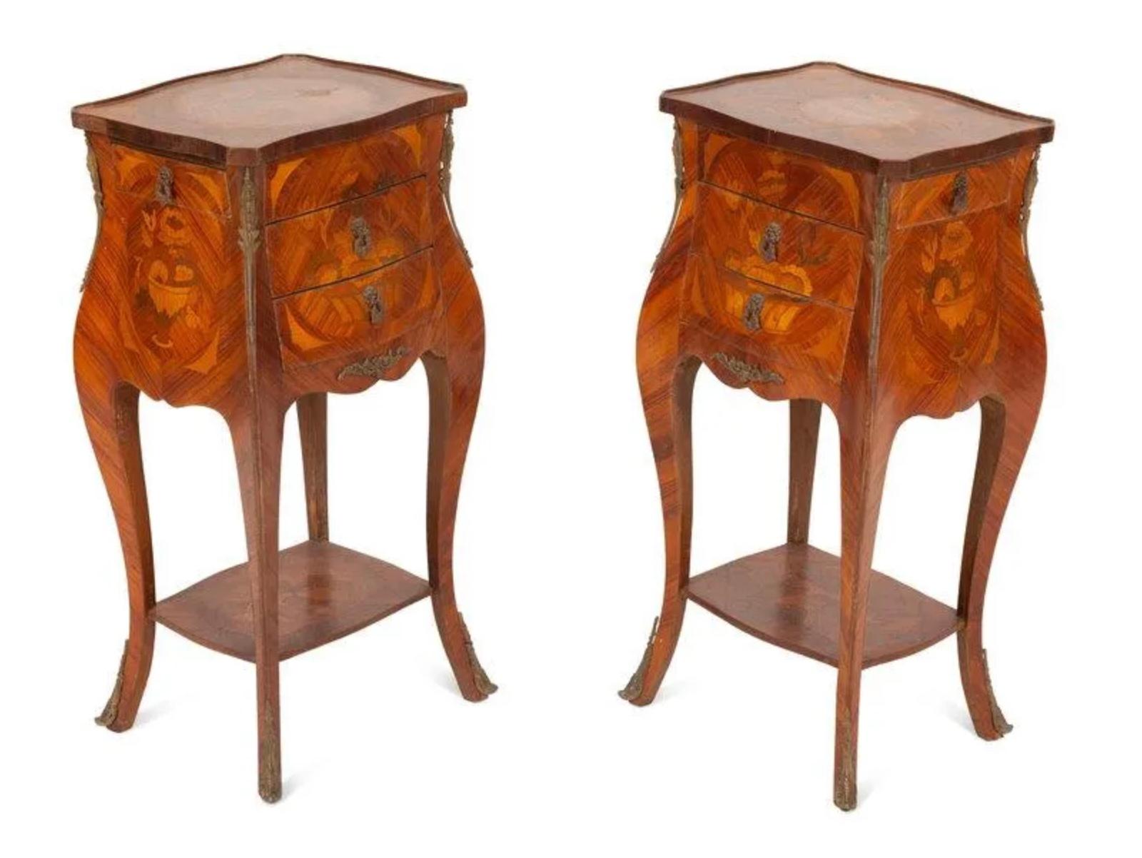 French Pair of Marquetry Side Tables with Gilt Metal Mounts For Sale