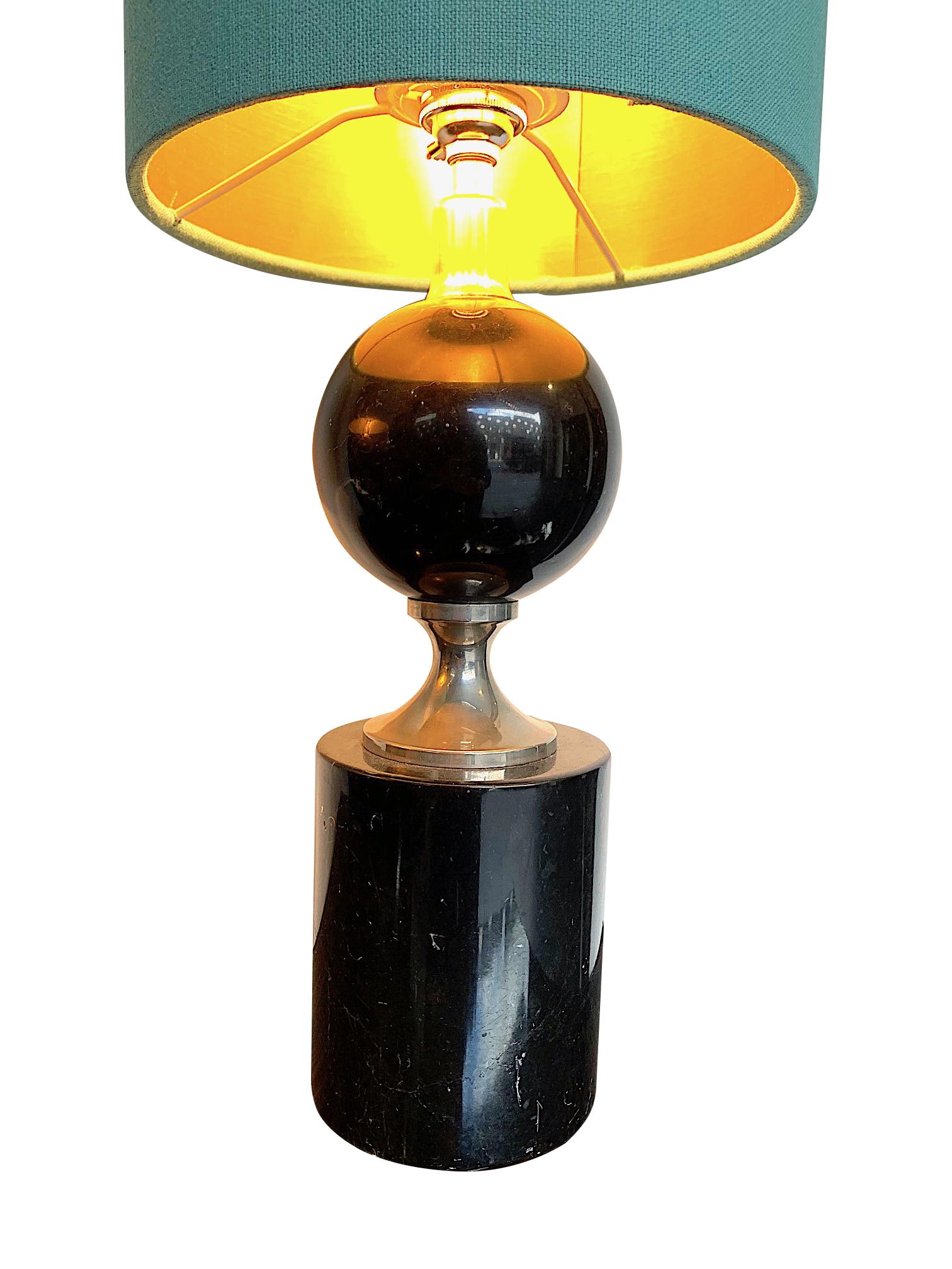 A pair of Masion Barbier Belgian black marble and chrome lamps with new bespoke teal shades with gold linings. Other shades are available if required see last photo.