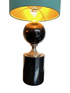 Pair of Masion Barbier Black Marble and Chrome Lamps with New Bespoke Shades