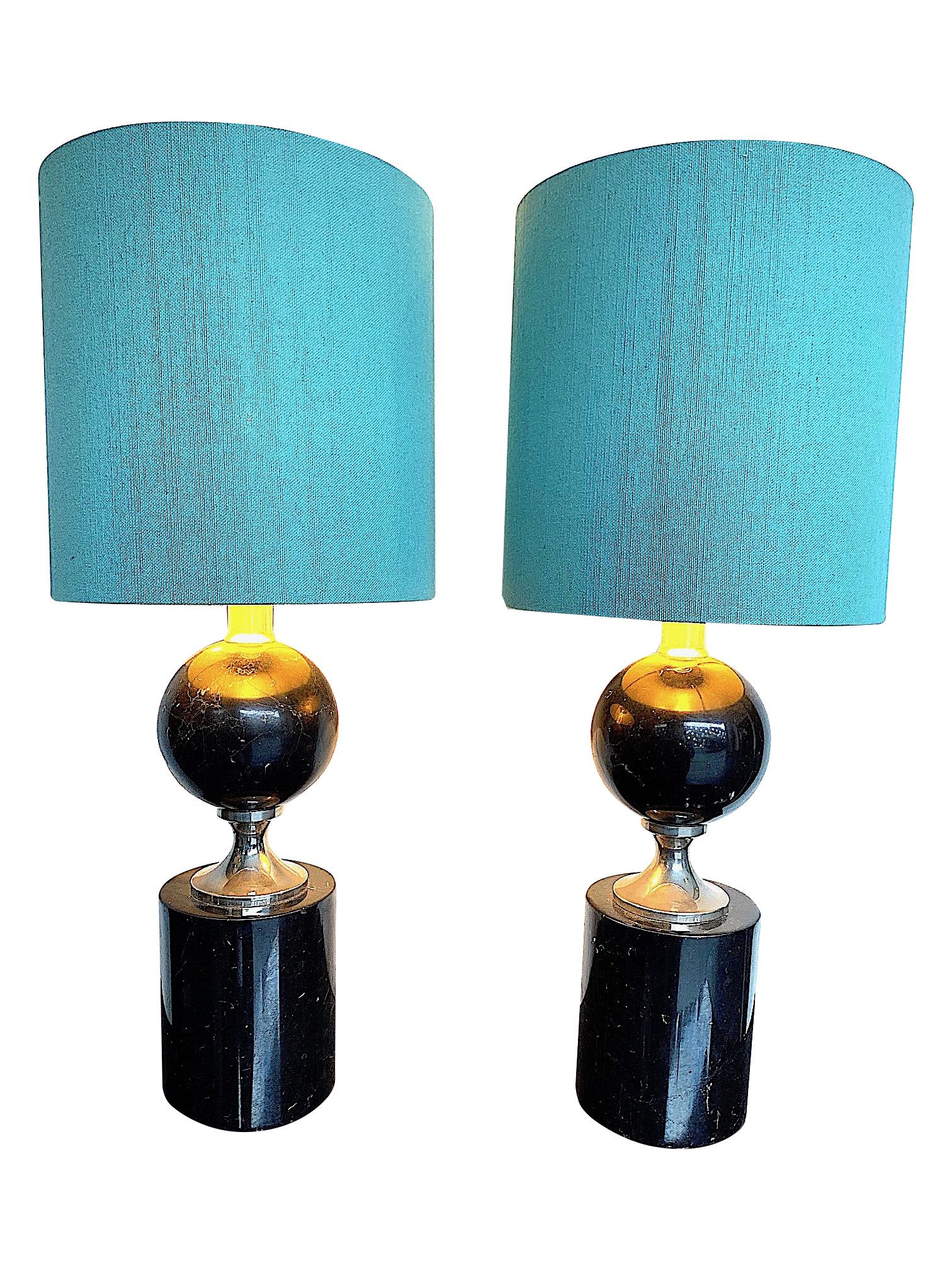 Mid-Century Modern Pair of Masion Barbier Black Marble and Chrome Lamps with New Bespoke Shades