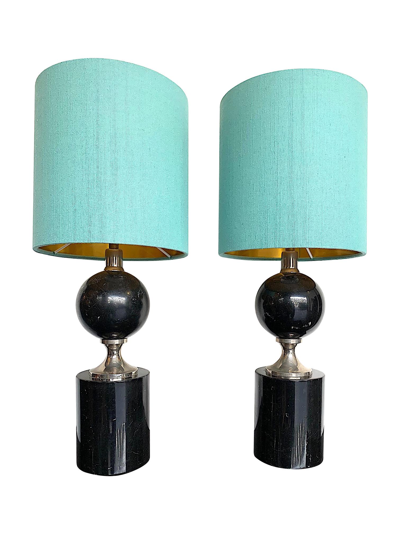 French Pair of Masion Barbier Black Marble and Chrome Lamps with New Bespoke Shades