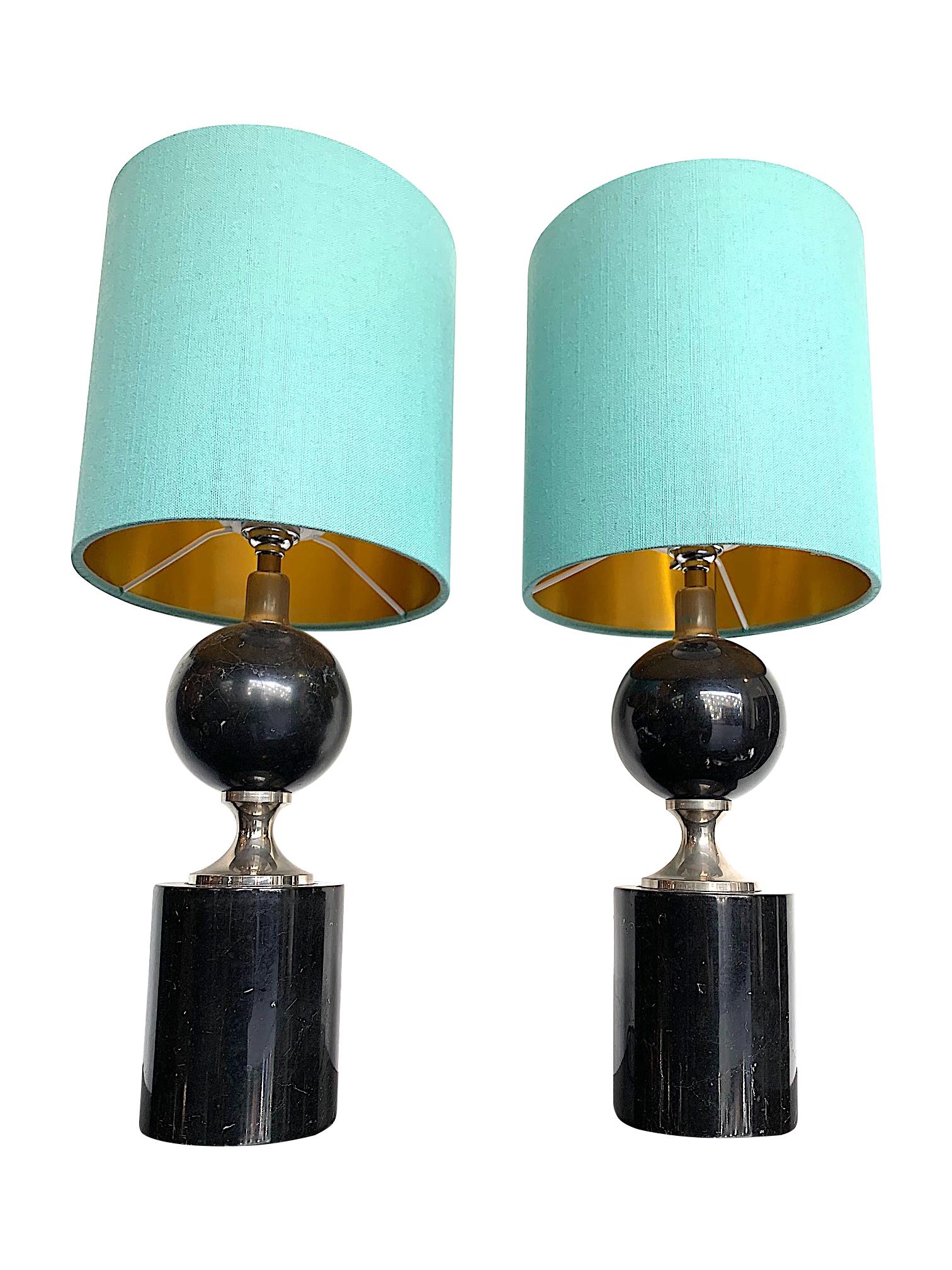 Pair of Masion Barbier Black Marble and Chrome Lamps with New Bespoke Shades In Good Condition In London, GB