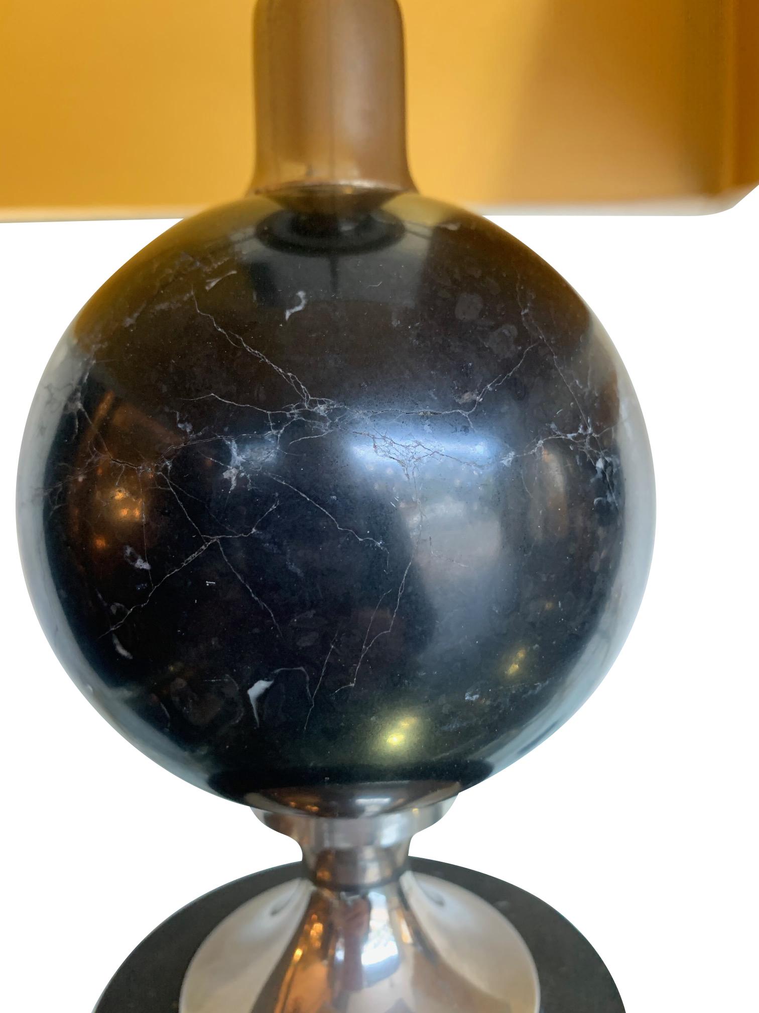 Late 20th Century Pair of Masion Barbier Black Marble and Chrome Lamps with New Bespoke Shades