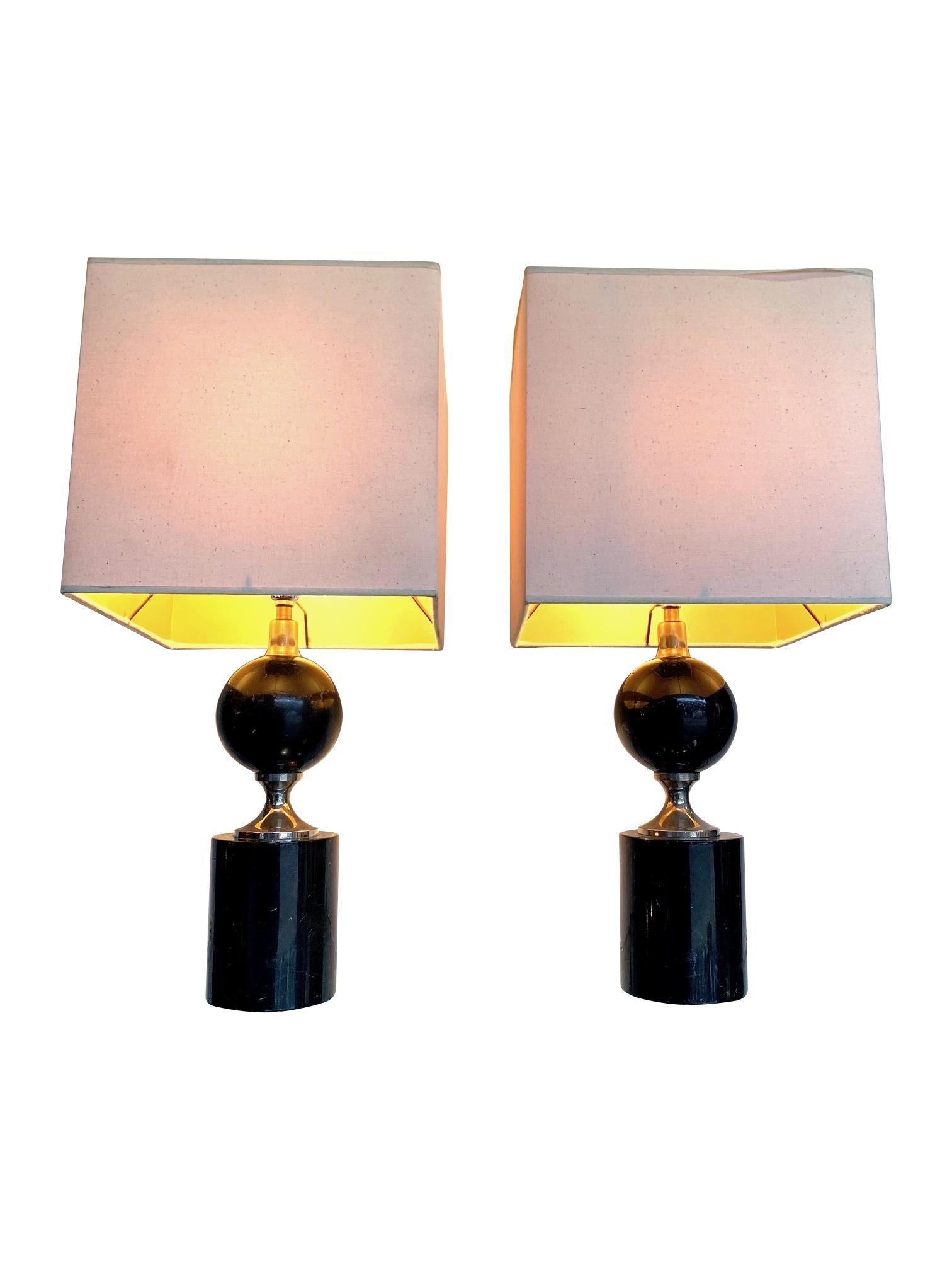 Pair of Masion Barbier Black Marble and Chrome Lamps with New Bespoke Shades 1