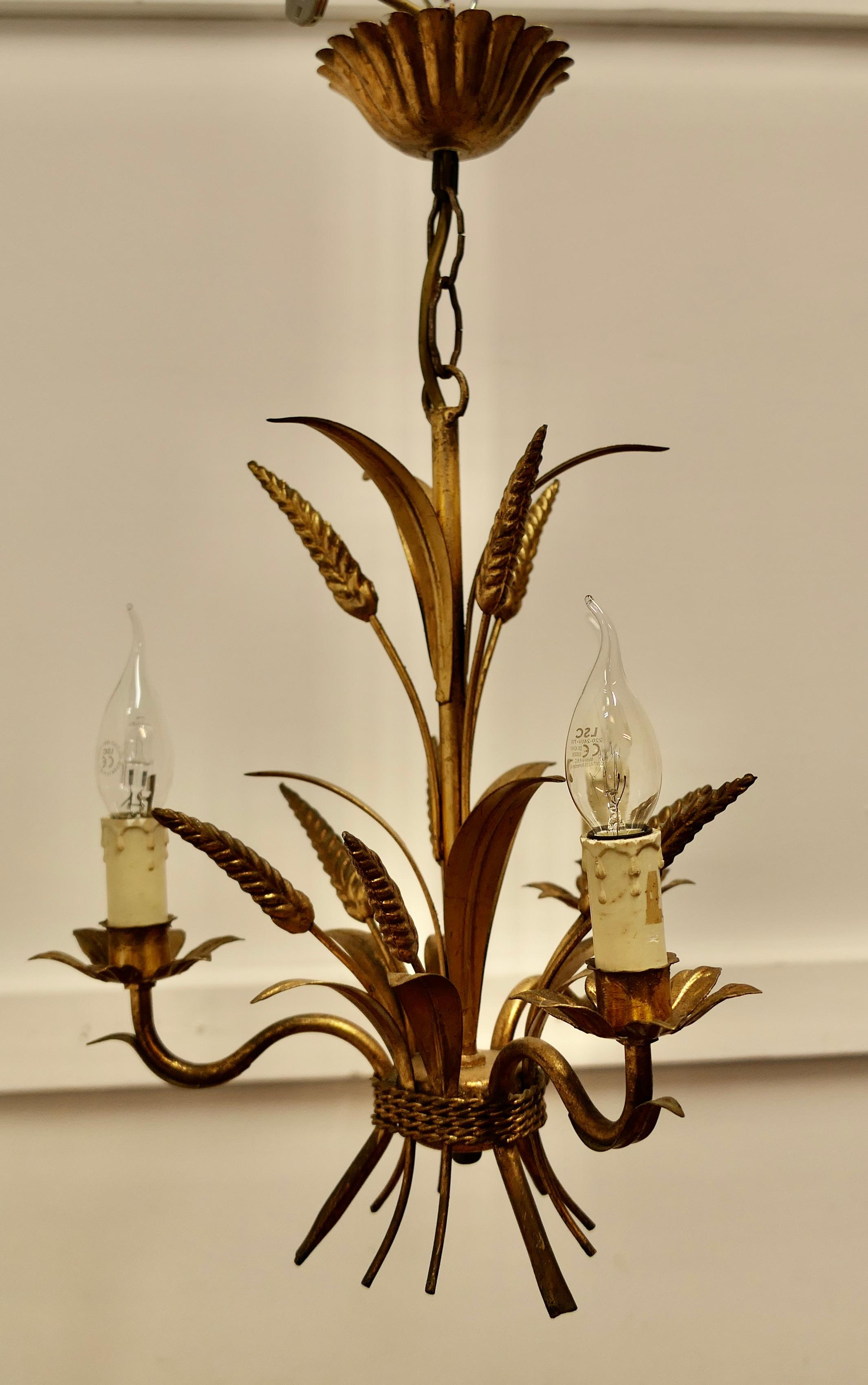 A Pair of Matching French Toleware Gilded Pendant Lights

These are very pretty 3 branch Harvest lights, they are decorated with curled leaves and wheat sheaves tied with twisted twine 
The lights are all working and will need to be connected to an