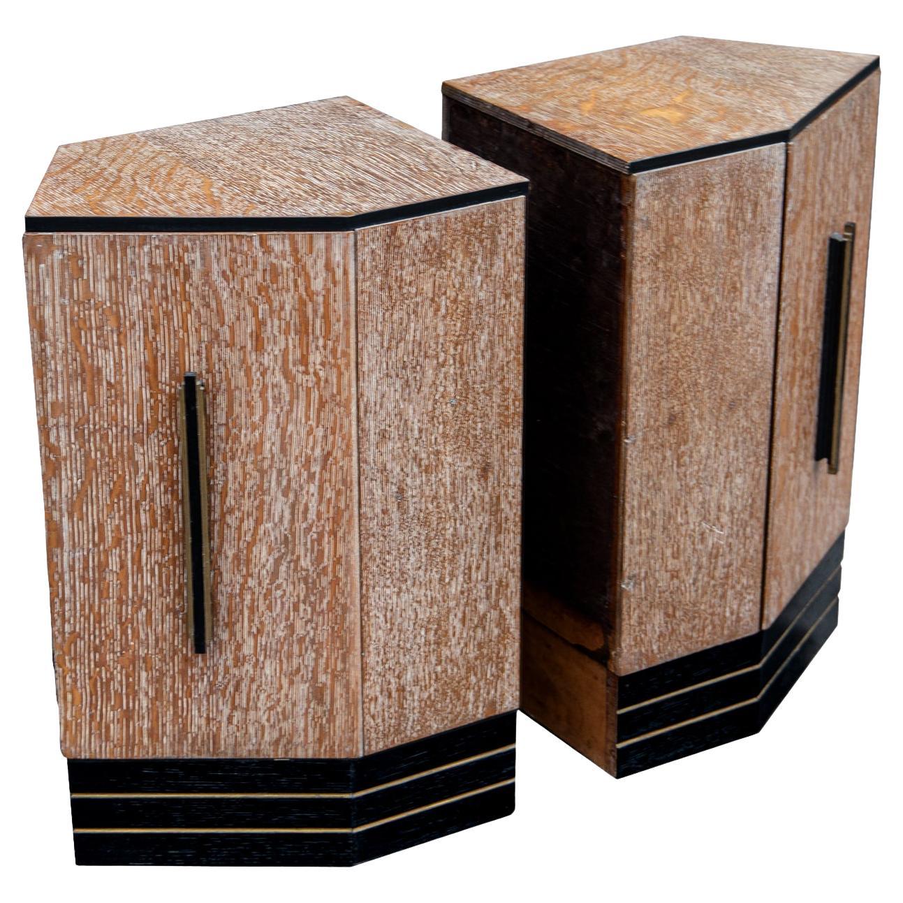 Pair of Matching Pentagon Art Deco Bedside Cerused Oak Cabinets, C1930s, France For Sale