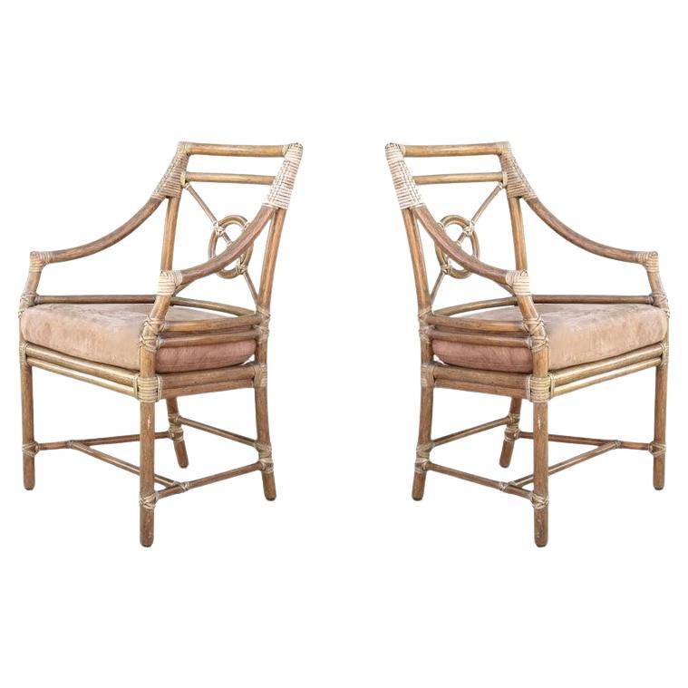 A Pair of McGuire San Francisco Rattan Target Arm Chairs or Dining Chairs For Sale