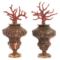A pair of Mediterranean red coral branches, copper bases, Italy 1870s.