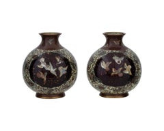 A Pair of Meiji Japanese Cloisonne Enamel Dragon, Doves, Ho Ho Birds Vases