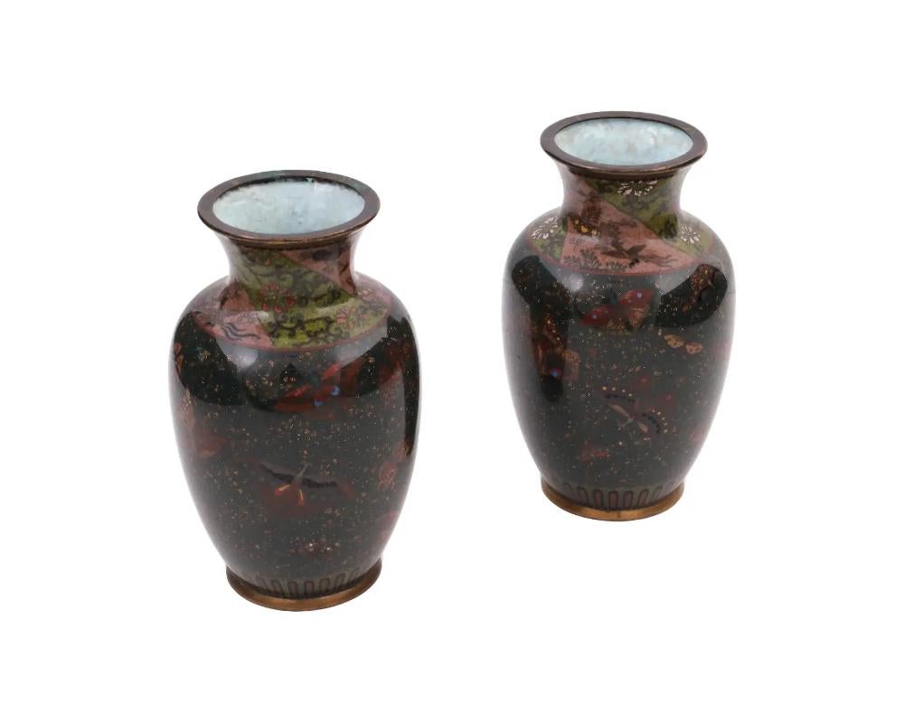 Cloissoné A Pair of Meiji Japanese Cloisonne Enamel Goldstone Butterfly Vases For Sale
