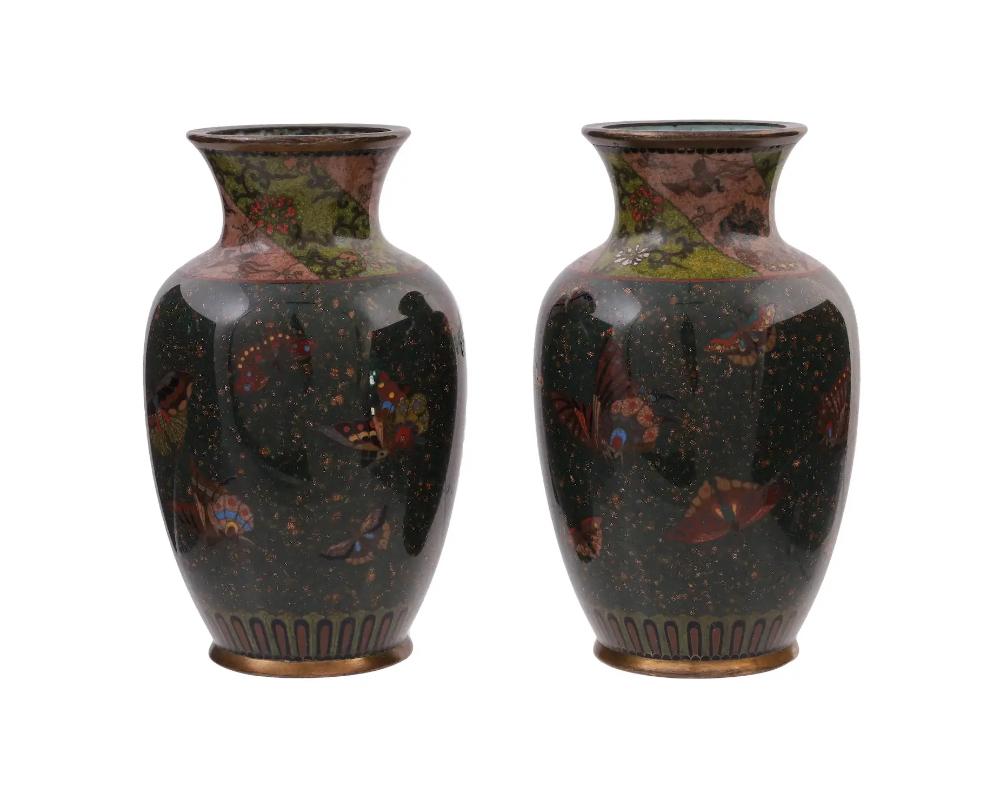 A Pair of Meiji Japanese Cloisonne Enamel Goldstone Butterfly Vases In Good Condition For Sale In New York, NY