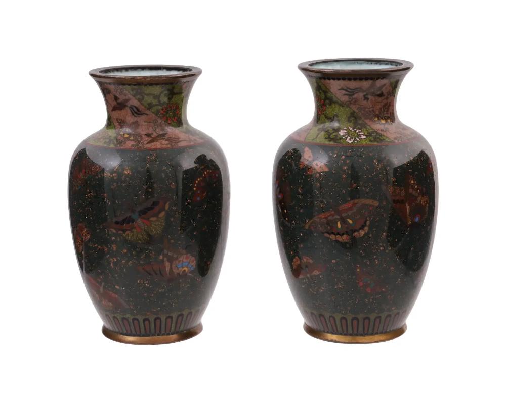 19th Century A Pair of Meiji Japanese Cloisonne Enamel Goldstone Butterfly Vases For Sale
