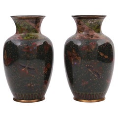 Antique A Pair of Meiji Japanese Cloisonne Enamel Goldstone Butterfly Vases