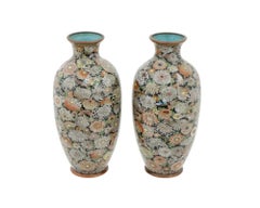 A Pair of Meiji Japanese Cloisonne Enamel Millefiori Chrysanthemum Flowers Vases