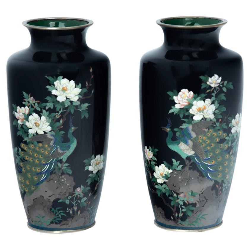 A pair of Meiji period blue cloisonne vases For Sale