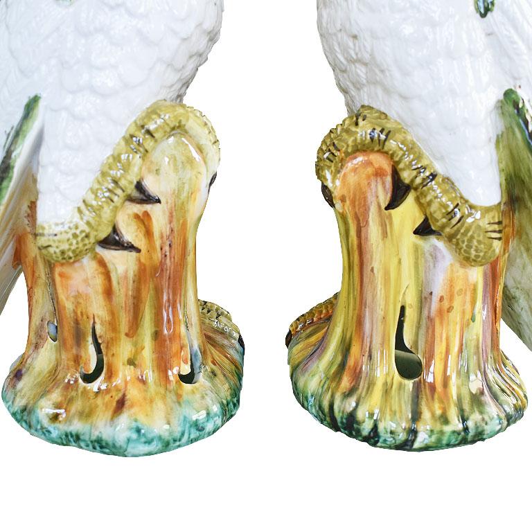 Pair of Meiselman Majolica Ceramic Birds in Green and Cream Majolica, Italy 4