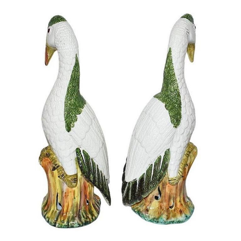 Chinoiserie Pair of Meiselman Majolica Ceramic Birds in Green and Cream Majolica, Italy