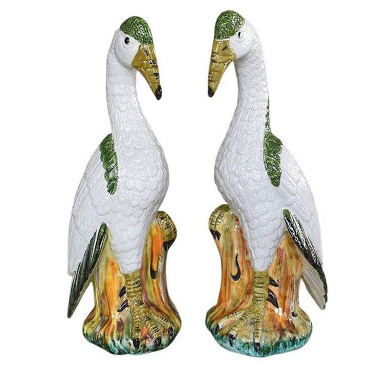 Italian Pair of Meiselman Majolica Ceramic Birds in Green and Cream Majolica, Italy