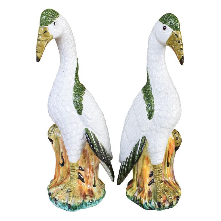 Pair of Meiselman Majolica Ceramic Birds in Green and Cream Majolica, Italy In Good Condition In Oklahoma City, OK