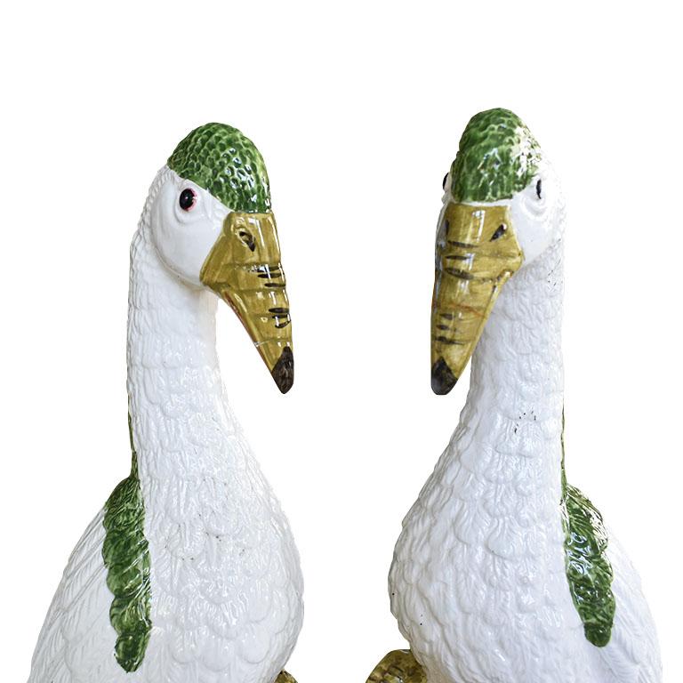 20th Century Pair of Meiselman Majolica Ceramic Birds in Green and Cream Majolica, Italy