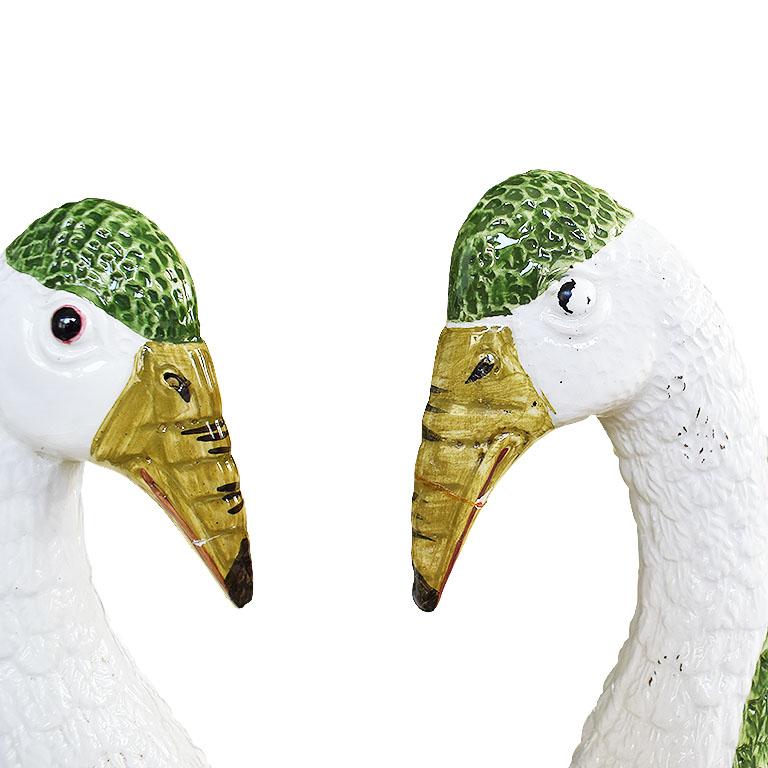 Pair of Meiselman Majolica Ceramic Birds in Green and Cream Majolica, Italy 1