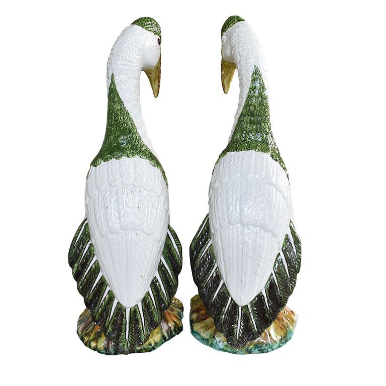 Pair of Meiselman Majolica Ceramic Birds in Green and Cream Majolica, Italy 2