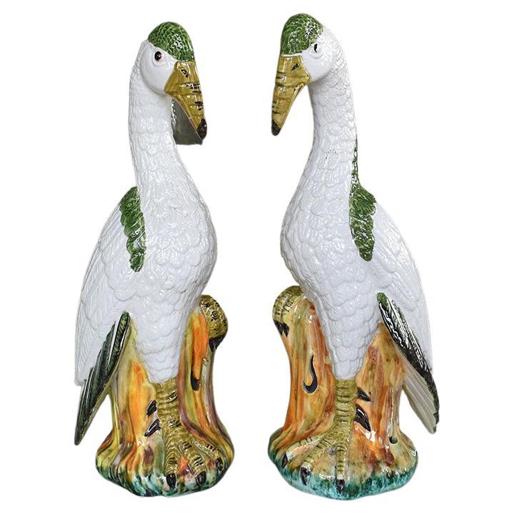 Pair of Meiselman Majolica Ceramic Birds in Green and Cream Majolica, Italy