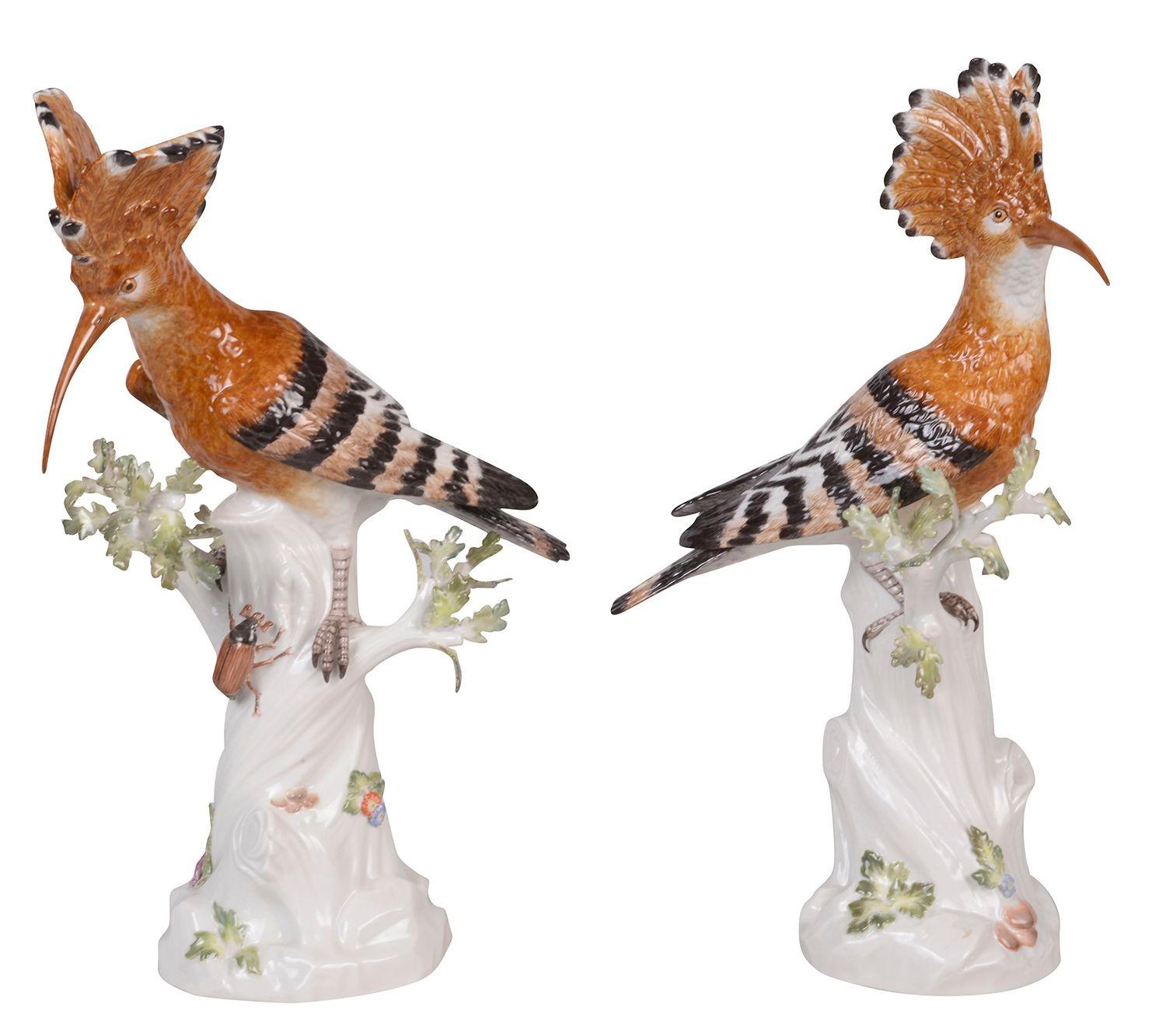 Peint à la main Paire d'oiseaux huppe de Meissen, 19e siècle en vente