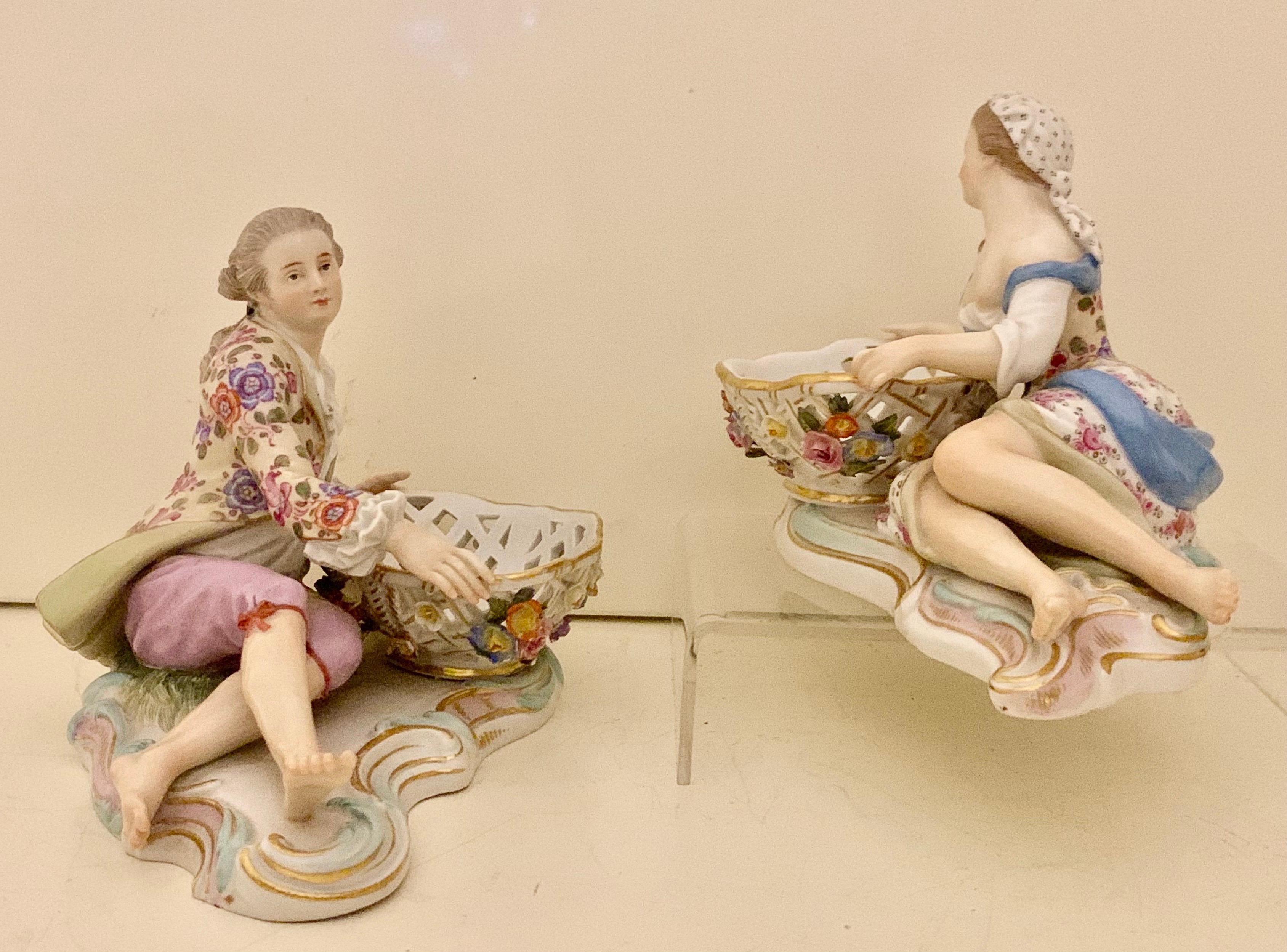 German Pair of Meissen Porcelain Figural Sweet Meat Dishes Antique, Circa 19th Century